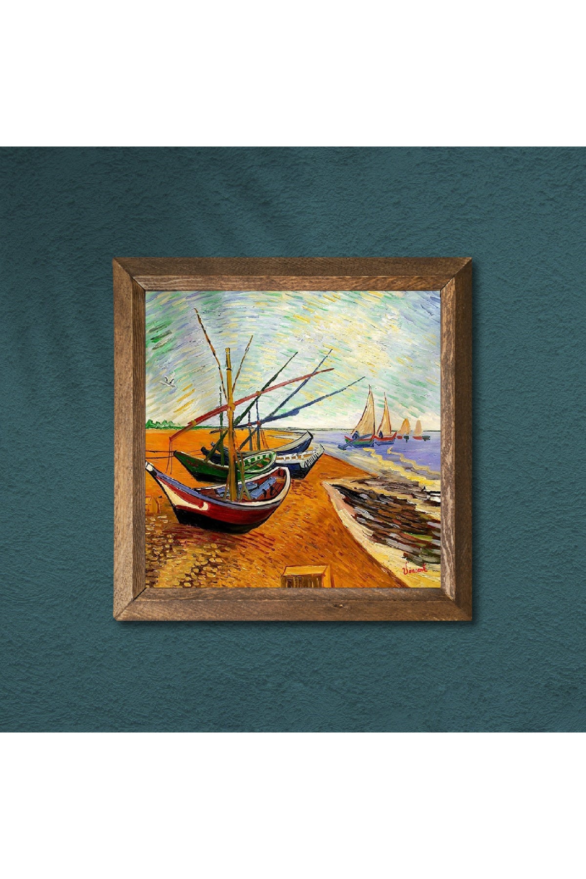 Vincent van Gogh Balıkçı Tekneleri Taş Duvar Tablosu - Ahşap Çerçeveli Taş Tablo - 25x25 cm - Dekoratif Duvar Sanatı - Modern Ev ve Ofis Duvar Dekoru -W1-277