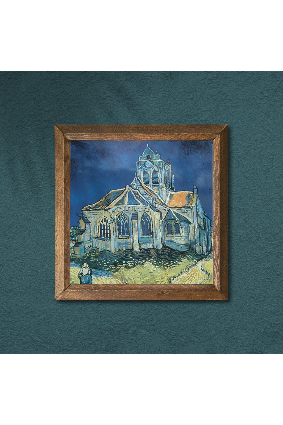 Vincent van Gogh Auvers'deki Kilise Taş Duvar Tablosu - Ahşap Çerçeveli Taş Tablo - 25x25 cm - Dekoratif Duvar Sanatı - Modern Ev ve Ofis Duvar Dekoru -W1-289