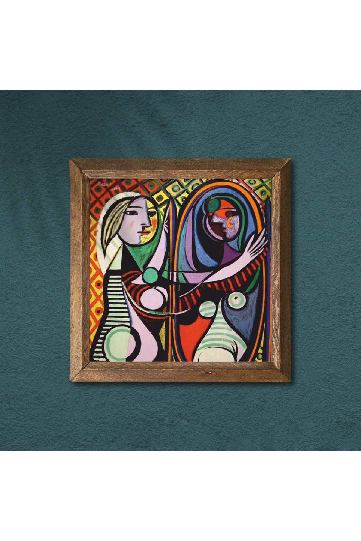 Pablo Picasso Ayna Karşısındaki Kız Taş Duvar Tablosu - Ahşap Çerçeveli Taş Tablo - 25x25 cm - Dekoratif Duvar Sanatı - Modern Ev ve Ofis Duvar Dekoru -W1-301