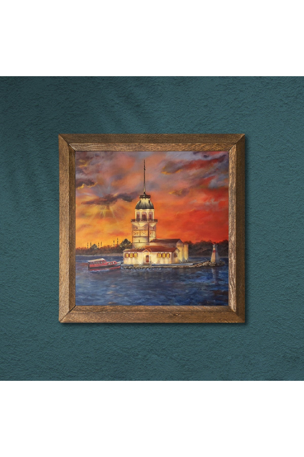 İstanbul Kız Kulesi Taş Duvar Tablosu - Ahşap Çerçeveli Taş Tablo - 25x25 cm - Dekoratif Duvar Sanatı - Modern Ev ve Ofis Duvar Dekoru -W1-88