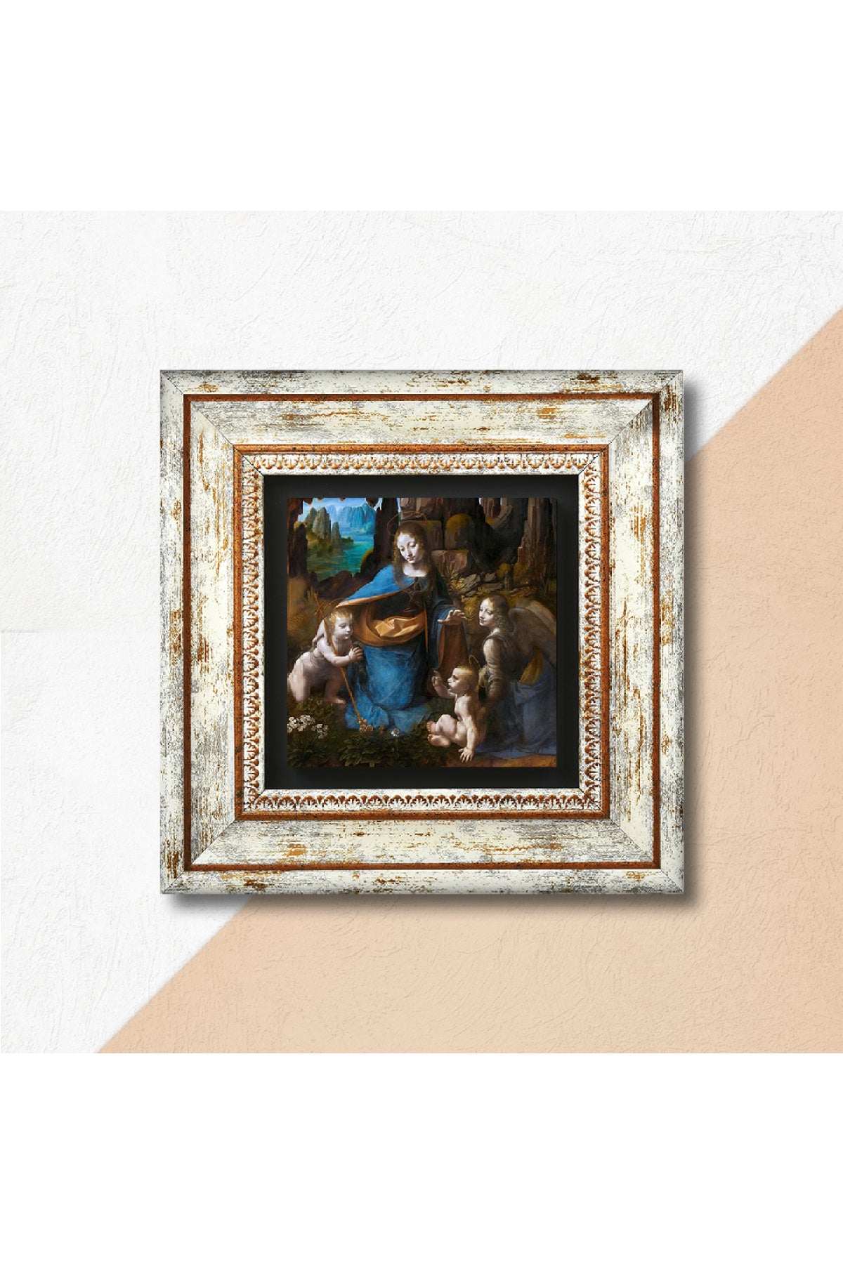 Leonardo da Vinci Kayalıklar Bakiresi Taş Duvar Tablosu - Çerçeveli Taş Tablo - Dekoratif Duvar Sanatı - Modern Ev ve Ofis Duvar Dekoru TK1-272
