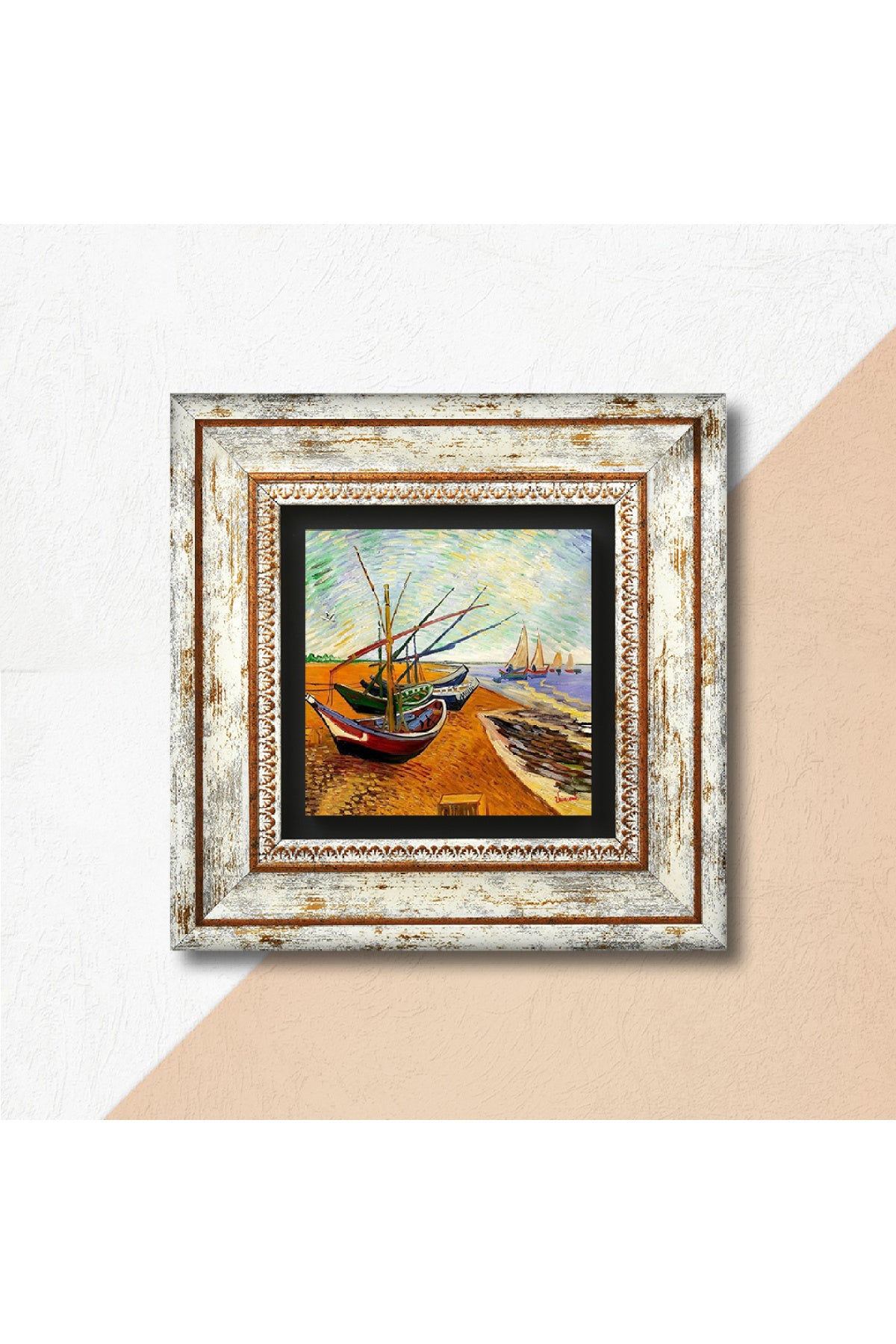 Van Gogh Balıkçı Tekneleri Taş Duvar Tablosu - Çerçeveli Taş Tablo - Dekoratif Duvar Sanatı - Modern Ev ve Ofis Duvar Dekoru TK1-277