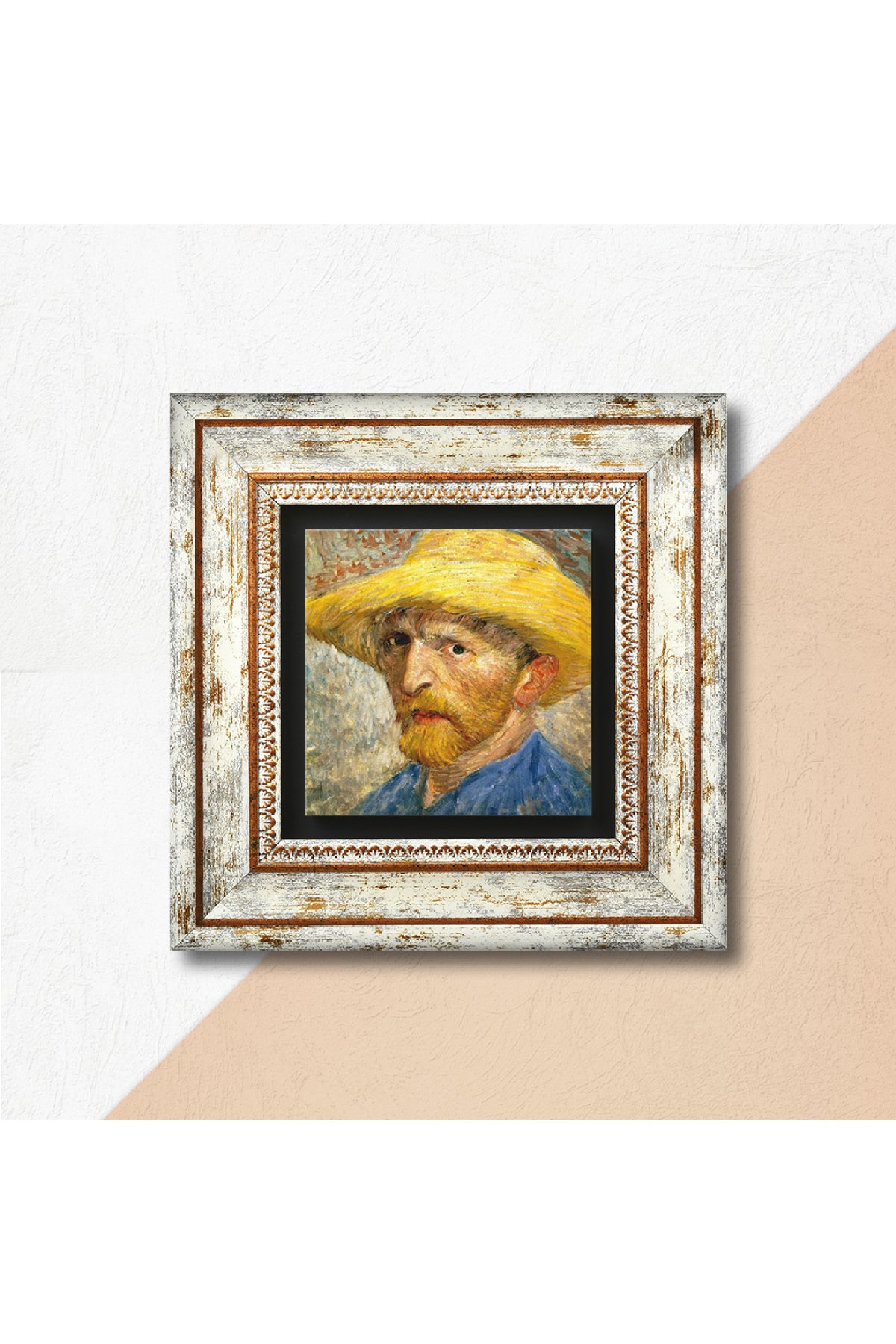 Van Gogh Hasır Şapkalı Otoportre Taş Duvar Tablosu - Çerçeveli Taş Tablo - Dekoratif Duvar Sanatı - Modern Ev ve Ofis Duvar Dekoru TK1-285