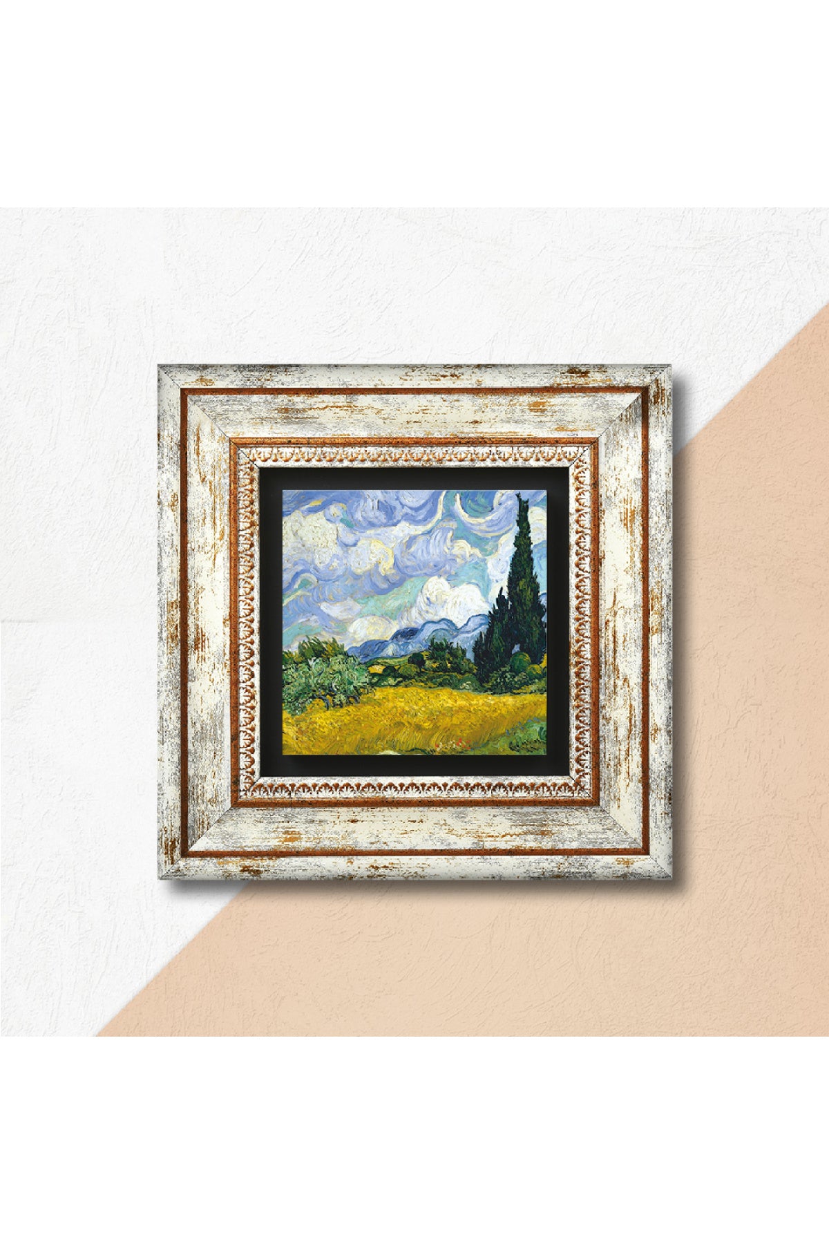 Van Gogh Selvi Ağaçlı Buğday Tarlası Taş Duvar Tablosu - Çerçeveli Taş Tablo - Dekoratif Duvar Sanatı - Modern Ev ve Ofis Duvar Dekoru TK1-298