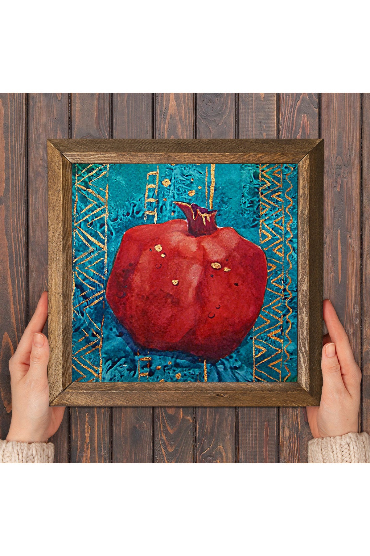 Nar Taş Duvar Tablosu - Ahşap Çerçeveli Taş Tablo - 25x25 cm - Dekoratif Duvar Sanatı - Modern Ev ve Ofis Duvar Dekoru -W1-02