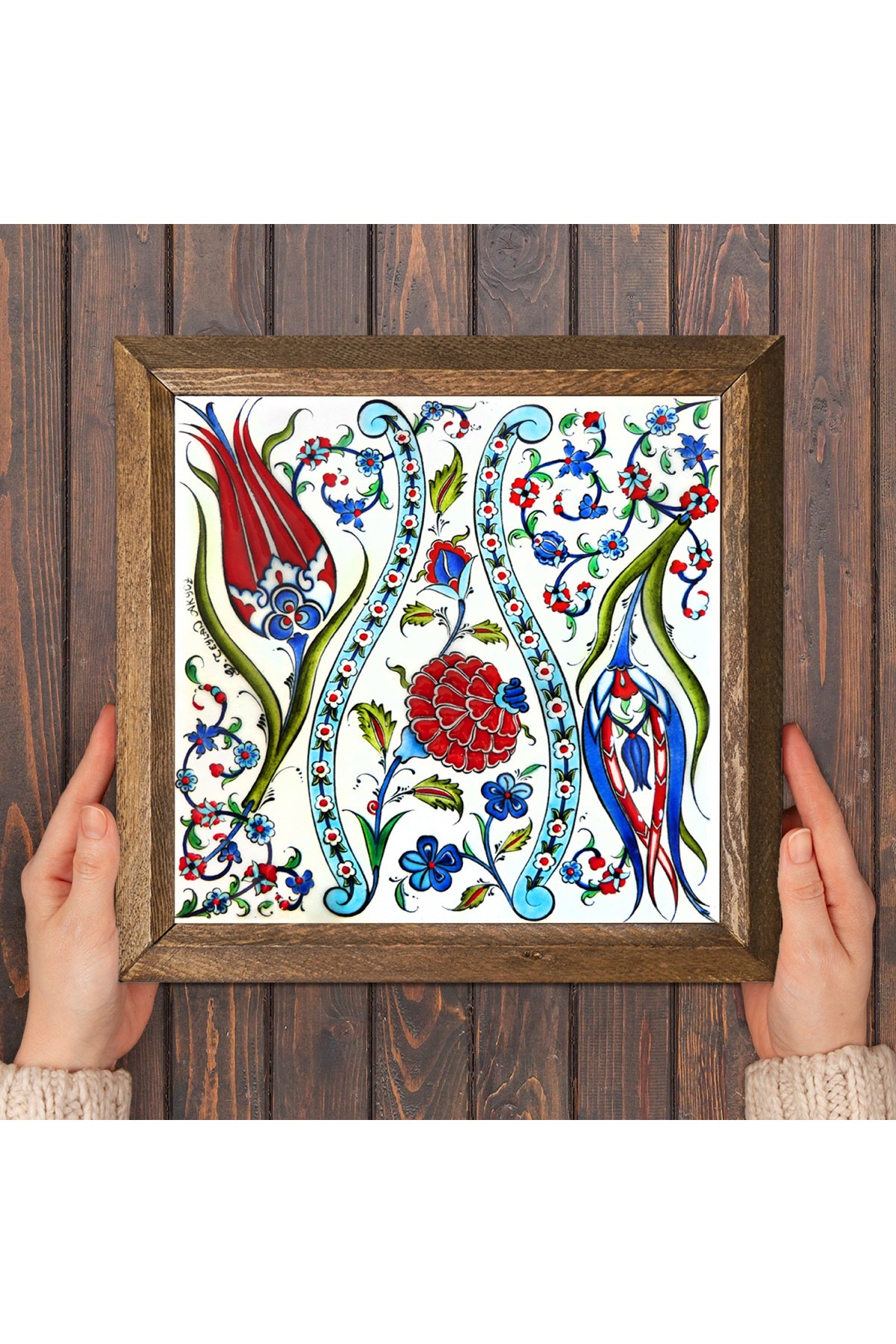 Çini Sanatı Lale Taş Duvar Tablosu - Ahşap Çerçeveli Taş Tablo - 25x25 cm - Dekoratif Duvar Sanatı - Modern Ev ve Ofis Duvar Dekoru -W1-185