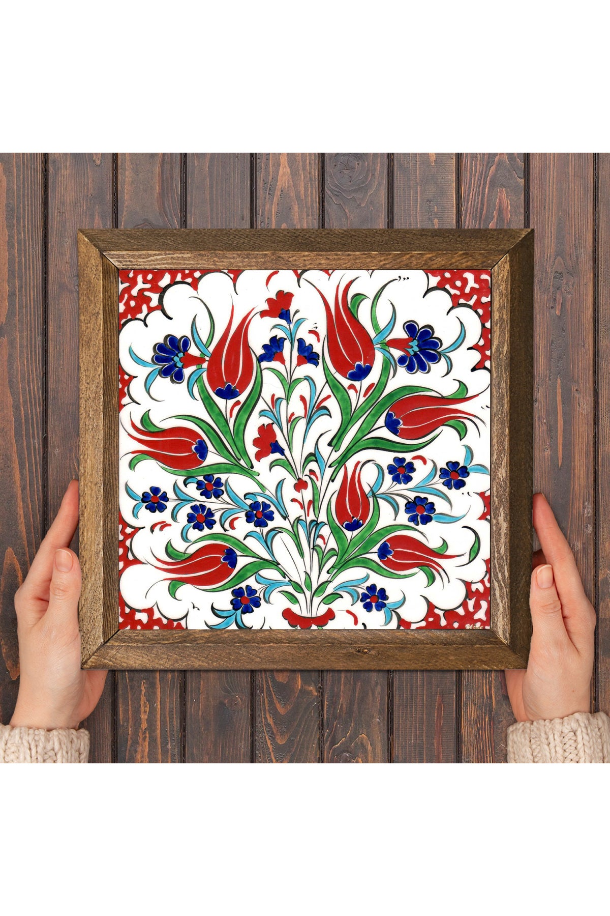 Çini Sanatı Lale Taş Duvar Tablosu - Ahşap Çerçeveli Taş Tablo - 25x25 cm - Dekoratif Duvar Sanatı - Modern Ev ve Ofis Duvar Dekoru -W1-186