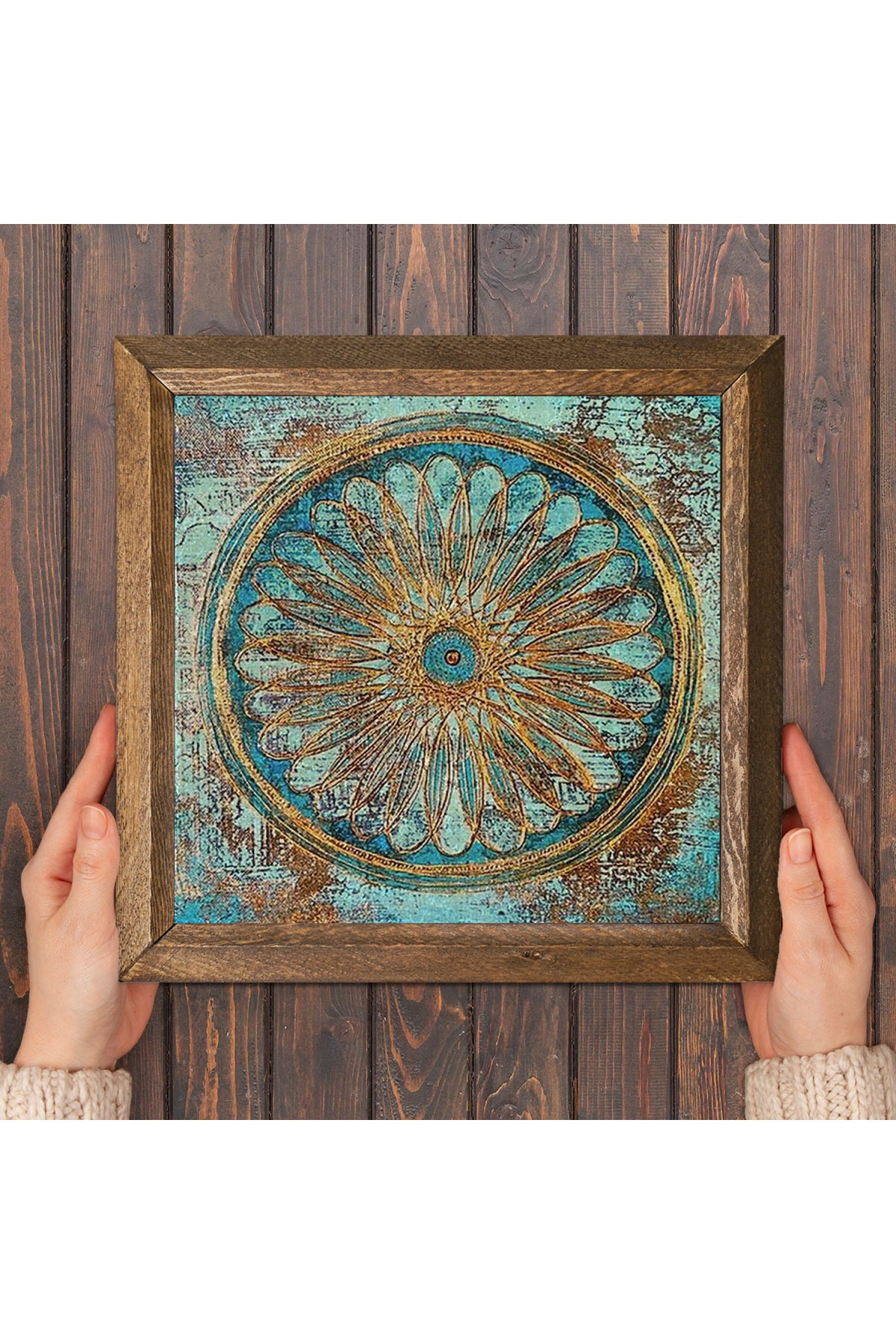 Yaşam Çiçeği Taş Duvar Tablosu - Ahşap Çerçeveli Taş Tablo - 25x25 cm - Dekoratif Duvar Sanatı - Modern Ev ve Ofis Duvar Dekoru -W1-187
