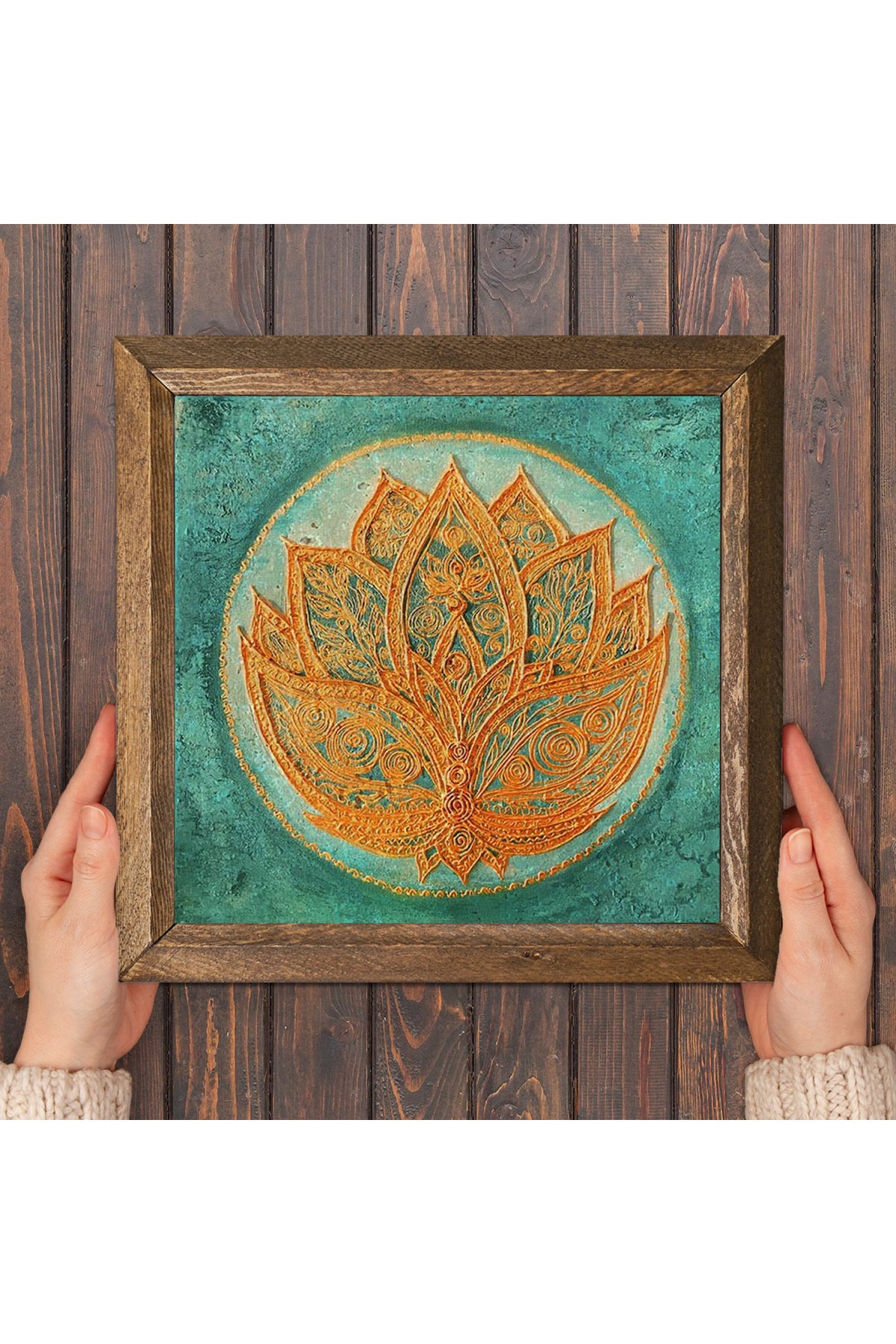 Lotus Çiçeği Taş Duvar Tablosu - Ahşap Çerçeveli Taş Tablo - 25x25 cm - Dekoratif Duvar Sanatı - Modern Ev ve Ofis Duvar Dekoru -W1-189