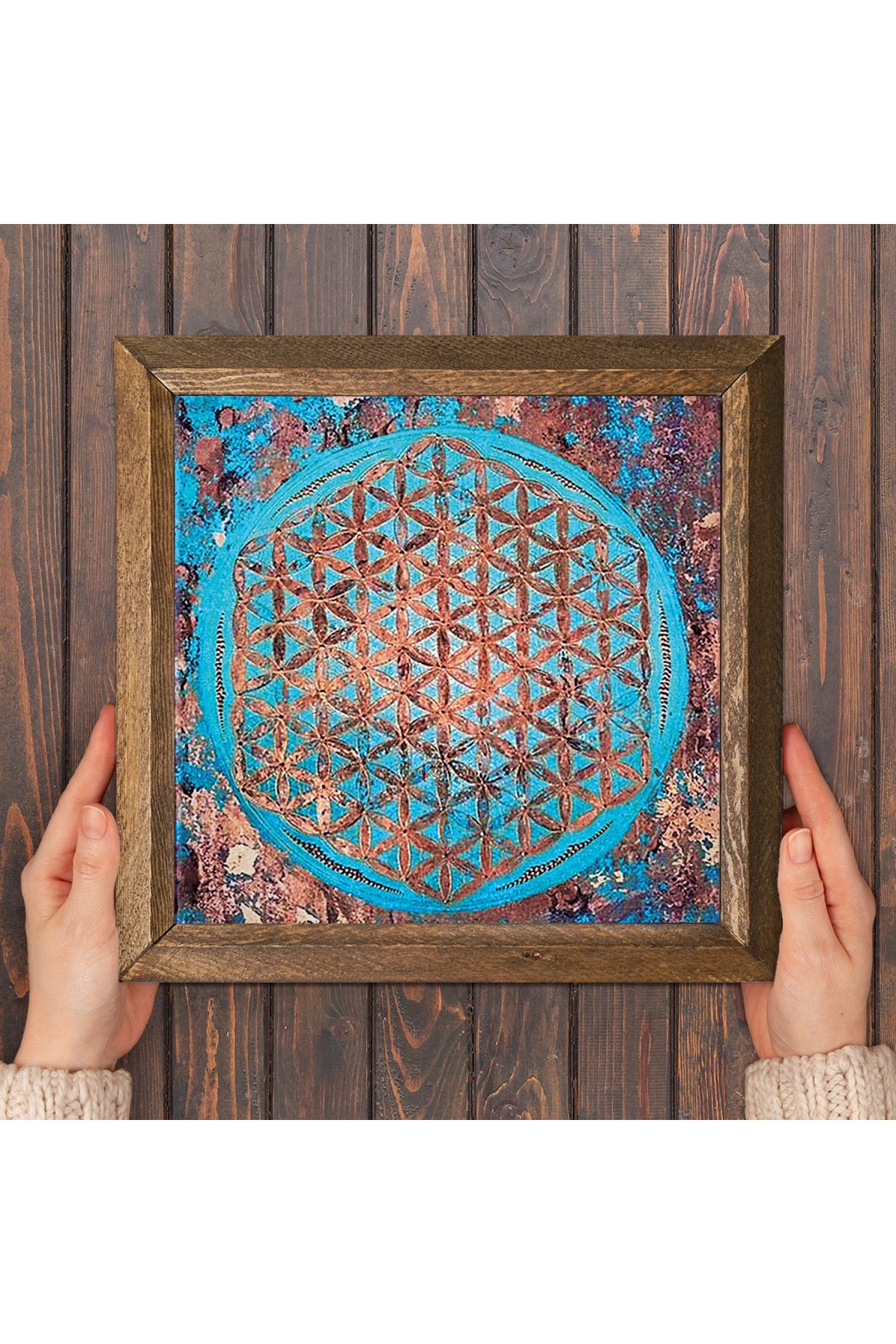 Yaşam Çiçeği Taş Duvar Tablosu - Ahşap Çerçeveli Taş Tablo - 25x25 cm - Dekoratif Duvar Sanatı - Modern Ev ve Ofis Duvar Dekoru -W1-190