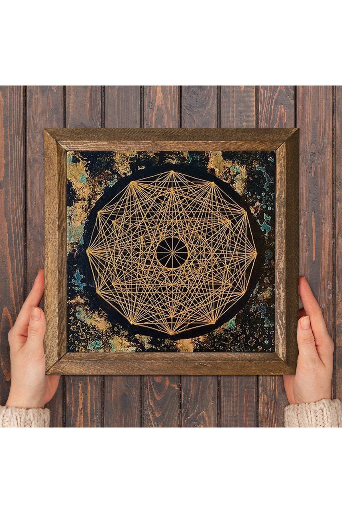 Sri Yantra Taş Duvar Tablosu - Ahşap Çerçeveli Taş Tablo - 25x25 cm - Dekoratif Duvar Sanatı - Modern Ev ve Ofis Duvar Dekoru -W1-191