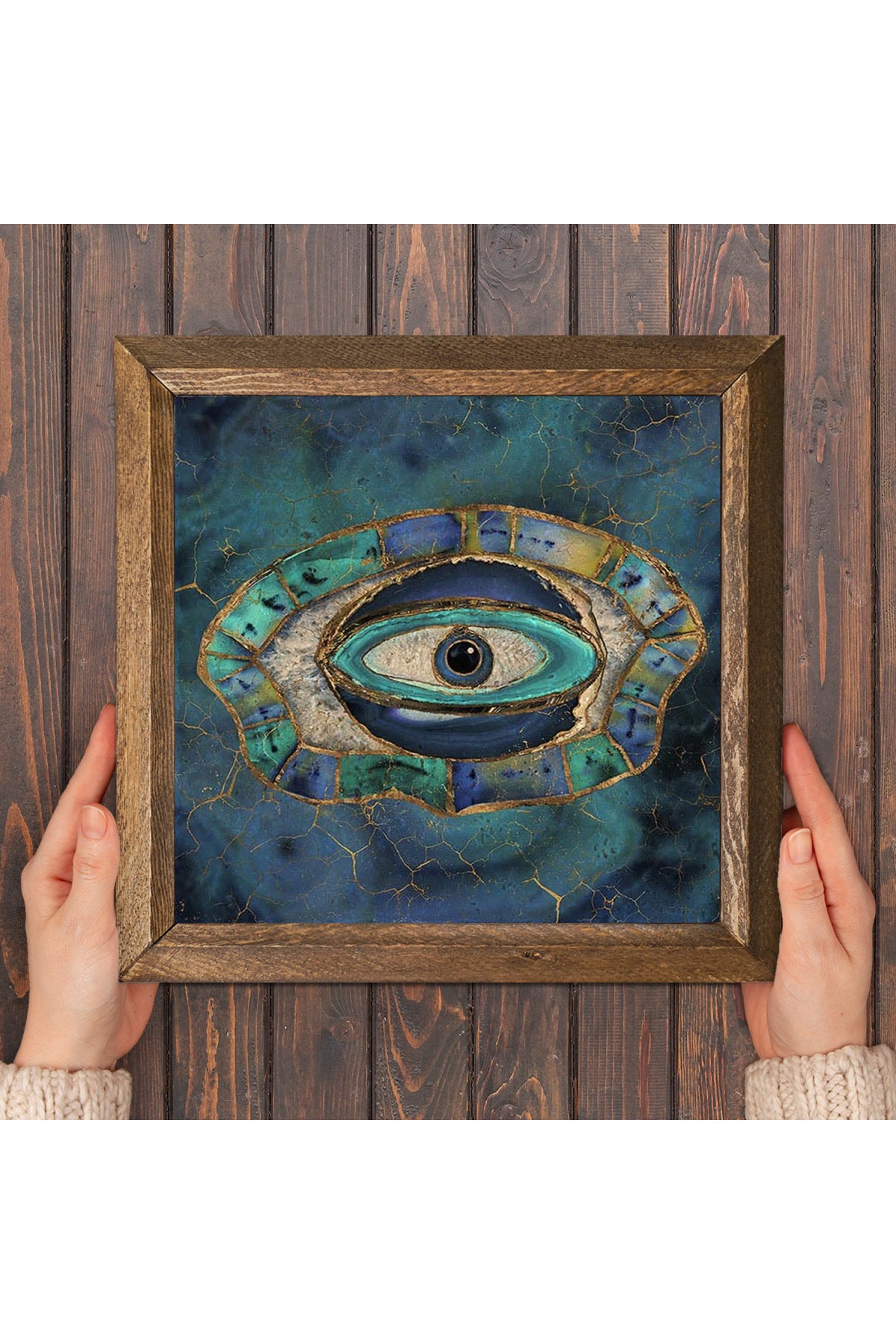Nazar Göz Taş Duvar Tablosu - Ahşap Çerçeveli Taş Tablo - 25x25 cm - Dekoratif Duvar Sanatı - Modern Ev ve Ofis Duvar Dekoru -W1-200