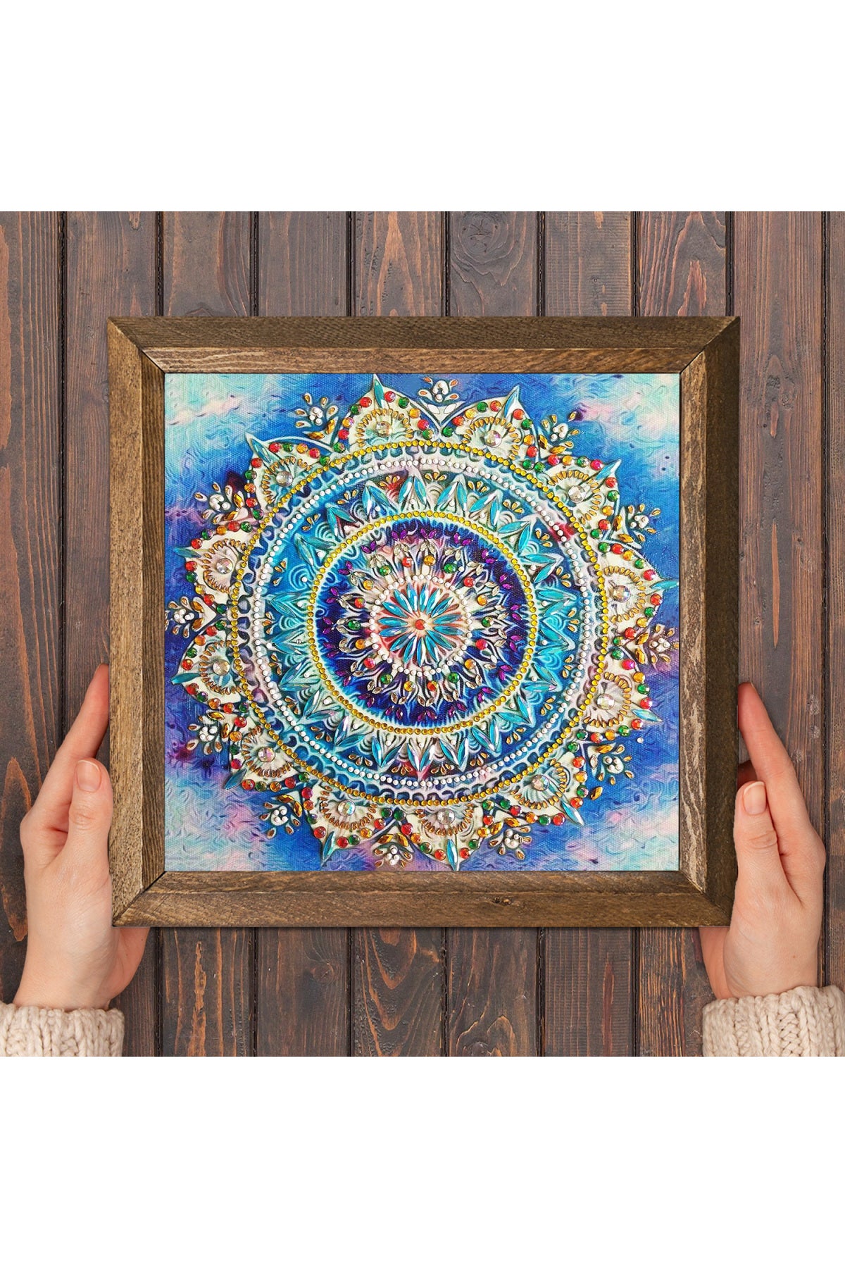 Mandala Taş Duvar Tablosu - Ahşap Çerçeveli Taş Tablo - 25x25 cm - Dekoratif Duvar Sanatı - Modern Ev ve Ofis Duvar Dekoru -W1-229
