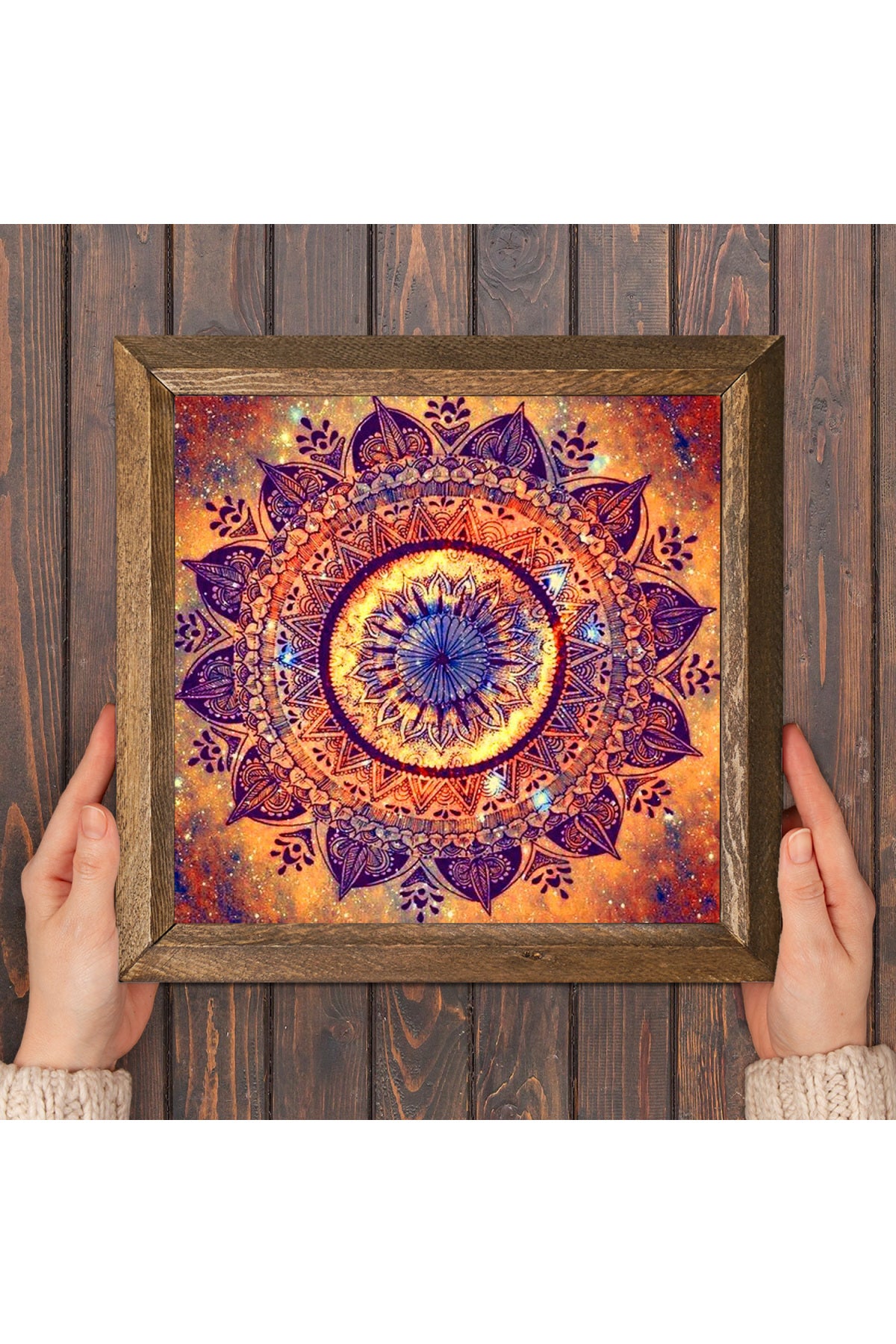 Mandala Taş Duvar Tablosu - Ahşap Çerçeveli Taş Tablo - 25x25 cm - Dekoratif Duvar Sanatı - Modern Ev ve Ofis Duvar Dekoru -W1-230