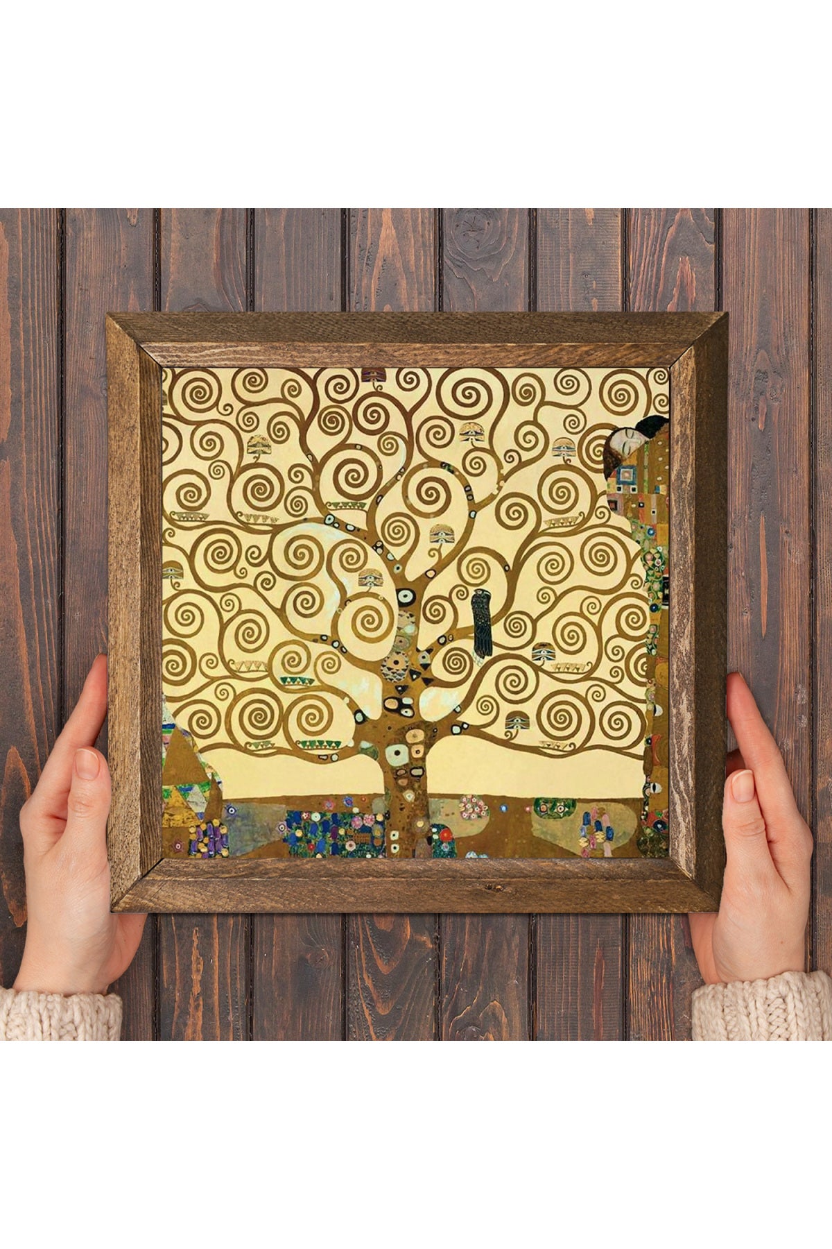 Gustav Klimt Hayat Ağacı Taş Duvar Tablosu - Ahşap Çerçeveli Taş Tablo - 25x25 cm - Dekoratif Duvar Sanatı - Modern Ev ve Ofis Duvar Dekoru -W1-24