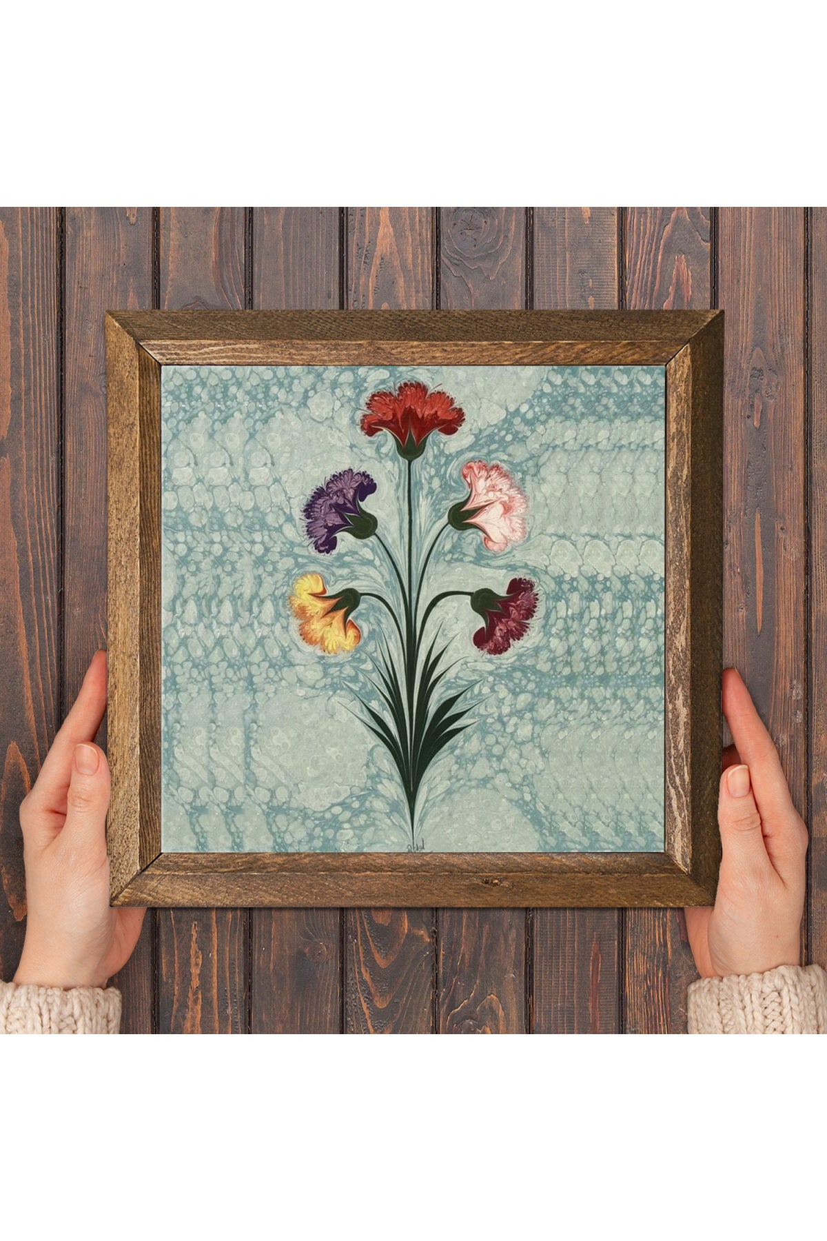 Ebru Sanatı Taş Duvar Tablosu - Ahşap Çerçeveli Taş Tablo - 25x25 cm - Dekoratif Duvar Sanatı - Modern Ev ve Ofis Duvar Dekoru -W1-243