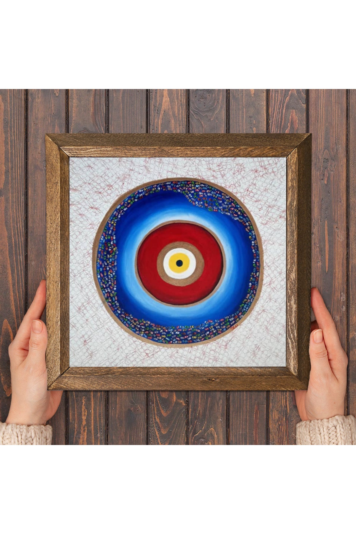 Nazar Taş Duvar Tablosu - Ahşap Çerçeveli Taş Tablo - 25x25 cm - Dekoratif Duvar Sanatı - Modern Ev ve Ofis Duvar Dekoru -W1-244