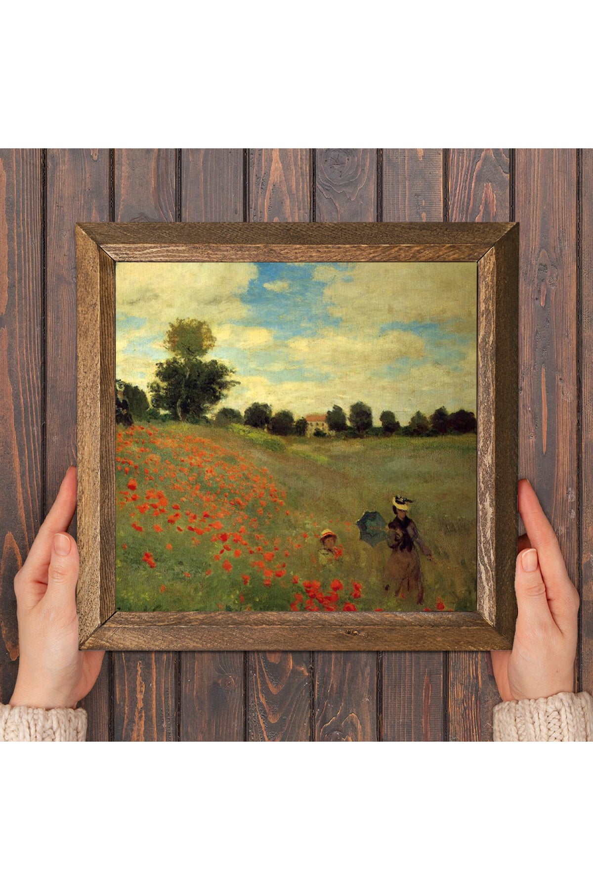 Claude Monet Gelincikler Taş Duvar Tablosu - Ahşap Çerçeveli Taş Tablo - 25x25 cm - Dekoratif Duvar Sanatı - Modern Ev ve Ofis Duvar Dekoru -W1-247