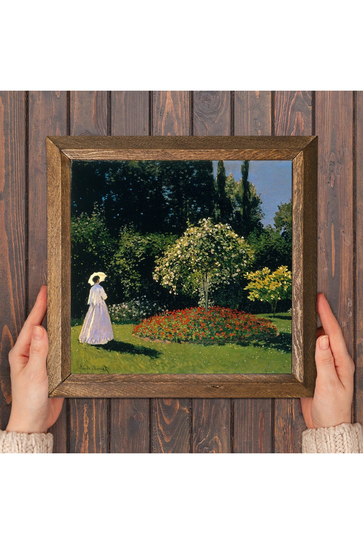 Claude Monet Bahçedeki Kadın Taş Duvar Tablosu - Ahşap Çerçeveli Taş Tablo - 25x25 cm - Dekoratif Duvar Sanatı, Modern Ev ve Ofis Duvar Dekoru -W1-249