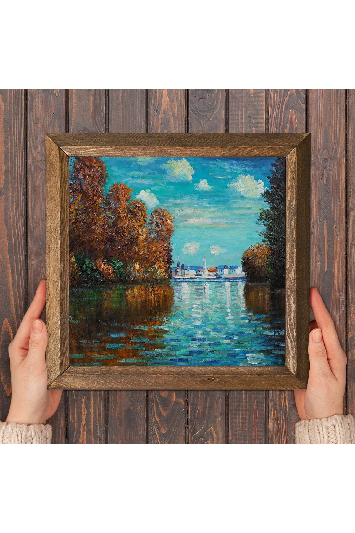 Claude Monet Sonbahar Taş Duvar Tablosu - Ahşap Çerçeveli Taş Tablo - 25x25 cm - Dekoratif Duvar Sanatı - Modern Ev ve Ofis Duvar Dekoru -W1-254