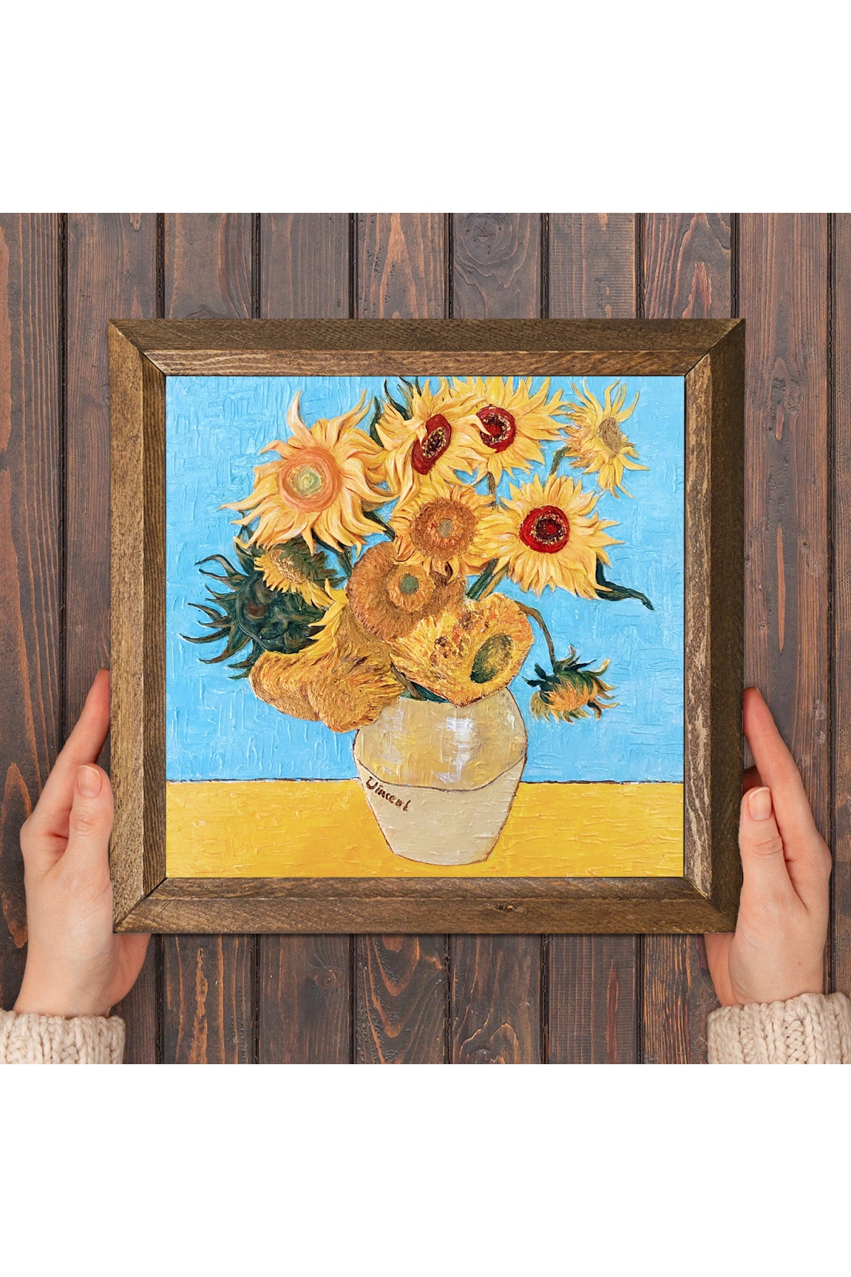 Vincent van Gogh On İki Ayçiçekli Vazo Taş Duvar Tablosu - Ahşap Çerçeveli Taş Tablo - 25x25 cm - Dekoratif Duvar Sanatı - Modern Ev ve Ofis Duvar Dekoru -W1-276