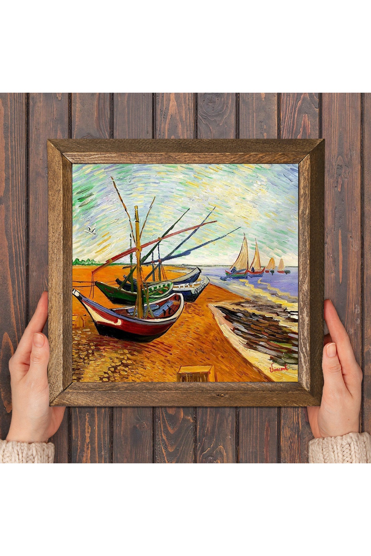 Vincent van Gogh Balıkçı Tekneleri Taş Duvar Tablosu - Ahşap Çerçeveli Taş Tablo - 25x25 cm - Dekoratif Duvar Sanatı - Modern Ev ve Ofis Duvar Dekoru -W1-277