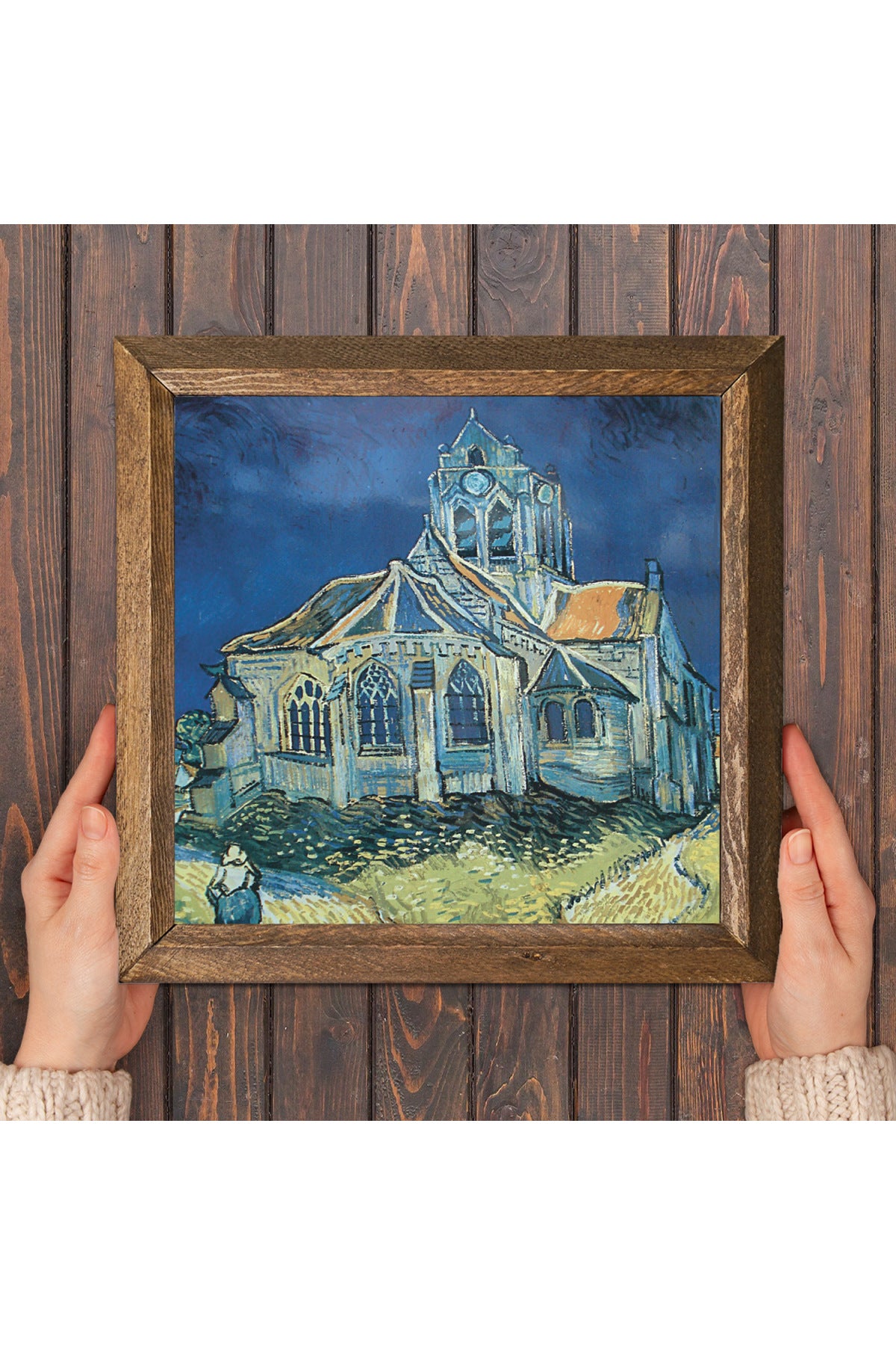 Vincent van Gogh Auvers'deki Kilise Taş Duvar Tablosu - Ahşap Çerçeveli Taş Tablo - 25x25 cm - Dekoratif Duvar Sanatı - Modern Ev ve Ofis Duvar Dekoru -W1-289