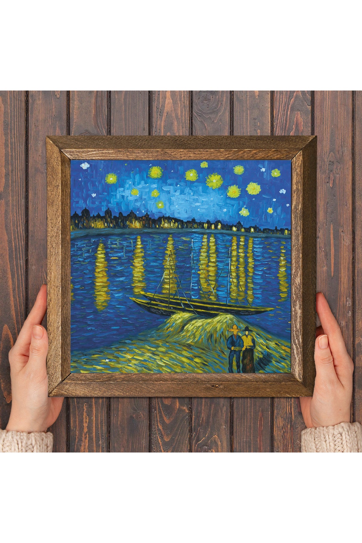 Vincent van Gogh Ren Nehri’nde Yıldızlı Bir Gece Taş Duvar Tablosu - Ahşap Çerçeveli Taş Tablo - 25x25 cm - Dekoratif Duvar Sanatı - Modern Ev ve Ofis Duvar Dekoru -W1-293