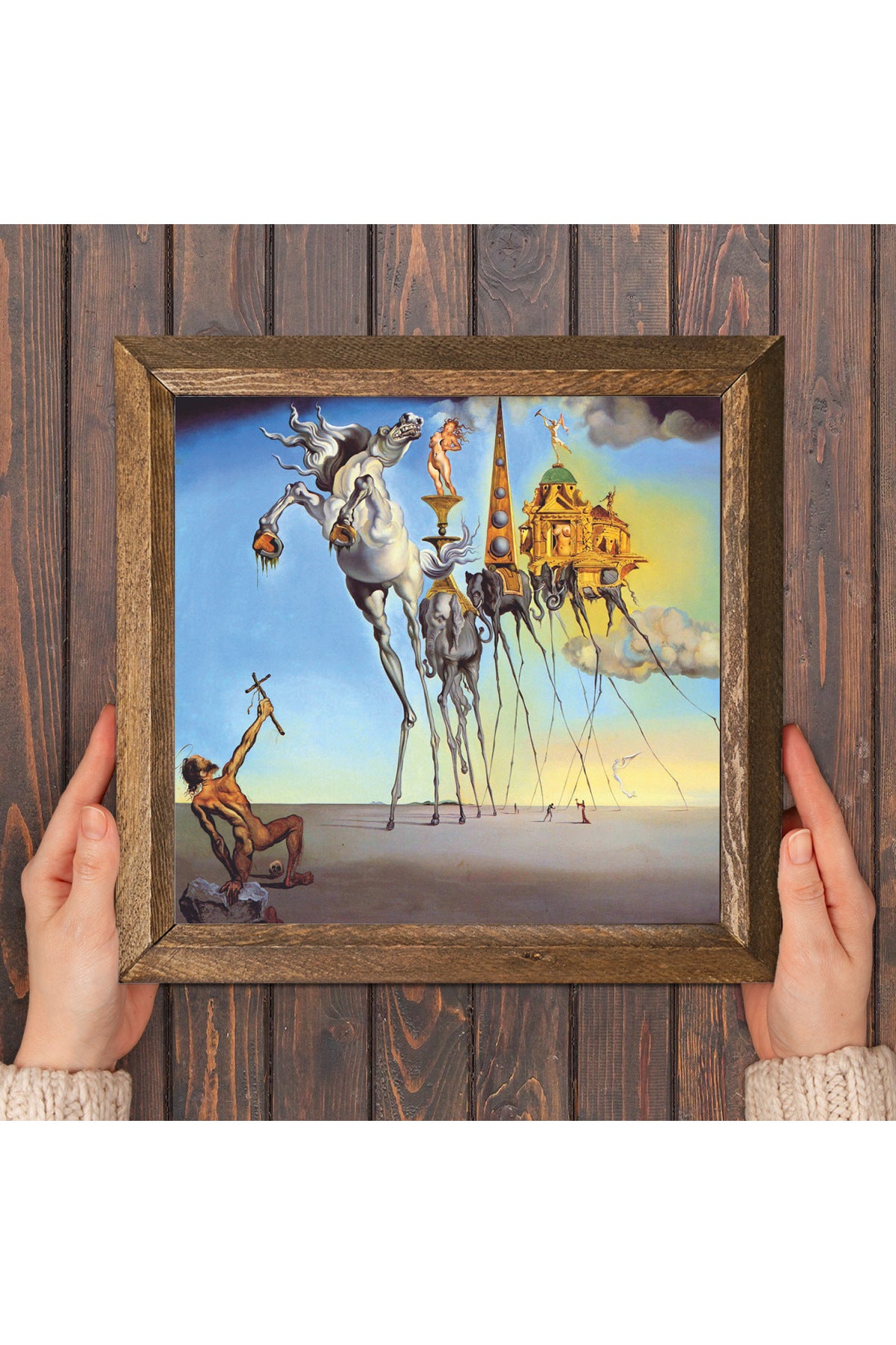 Salvador Dalí Aziz Antonius'un Baştan Çıkarılışı Taş Duvar Tablosu - Ahşap Çerçeveli Taş Tablo - 25x25 cm - Dekoratif Duvar Sanatı - Modern Ev ve Ofis Duvar Dekoru -W1-306