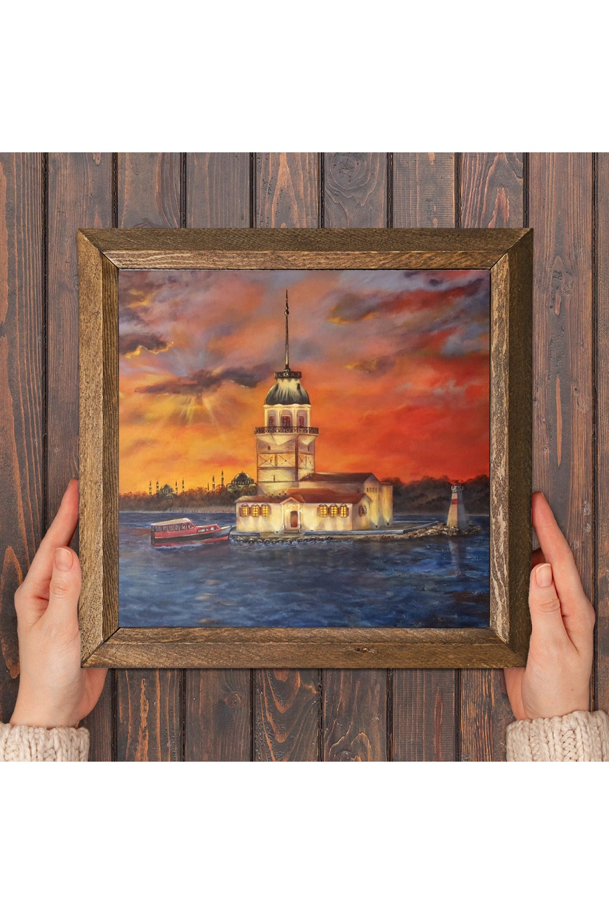 İstanbul Kız Kulesi Taş Duvar Tablosu - Ahşap Çerçeveli Taş Tablo - 25x25 cm - Dekoratif Duvar Sanatı - Modern Ev ve Ofis Duvar Dekoru -W1-88