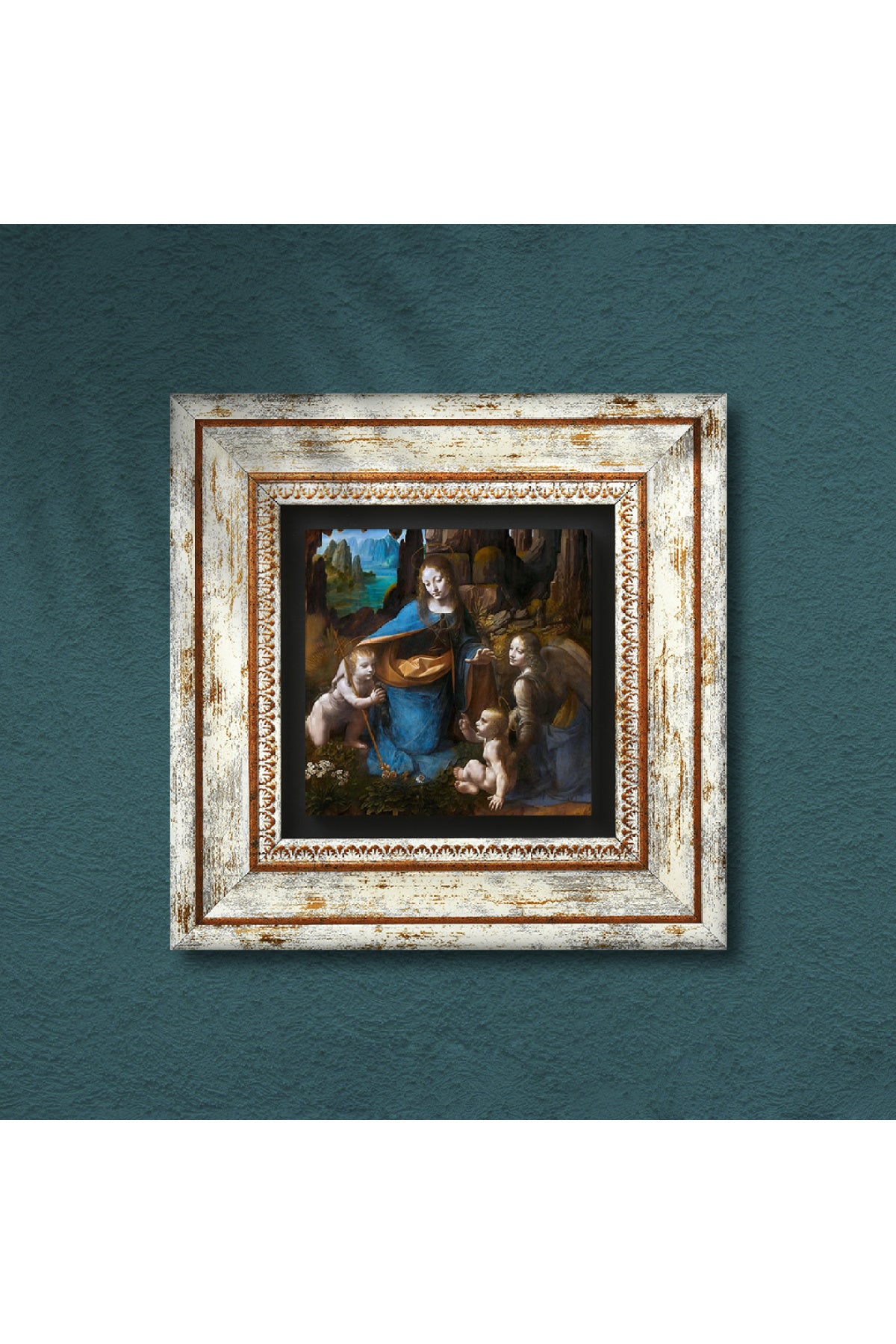 Leonardo da Vinci Kayalıklar Bakiresi Taş Duvar Tablosu - Çerçeveli Taş Tablo - Dekoratif Duvar Sanatı - Modern Ev ve Ofis Duvar Dekoru TK1-272