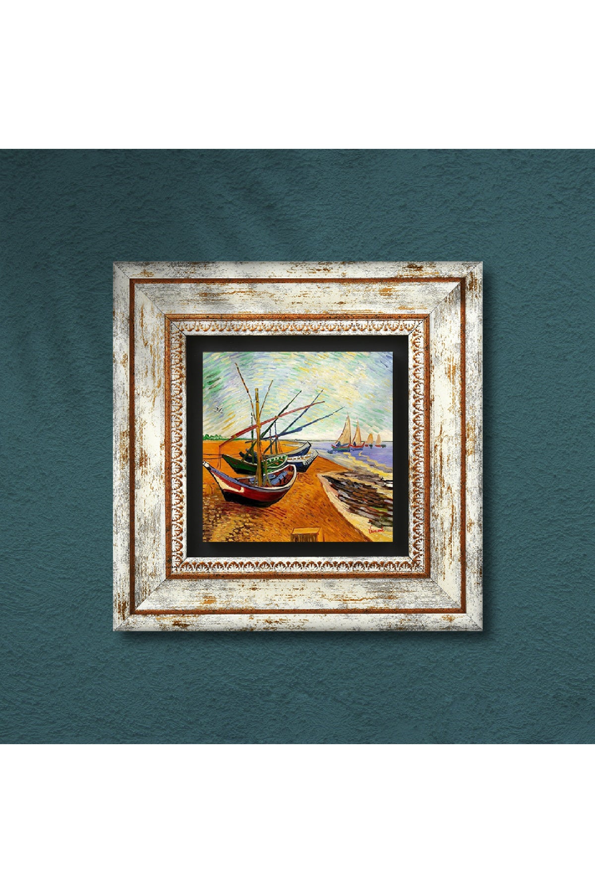 Van Gogh Balıkçı Tekneleri Taş Duvar Tablosu - Çerçeveli Taş Tablo - Dekoratif Duvar Sanatı - Modern Ev ve Ofis Duvar Dekoru TK1-277
