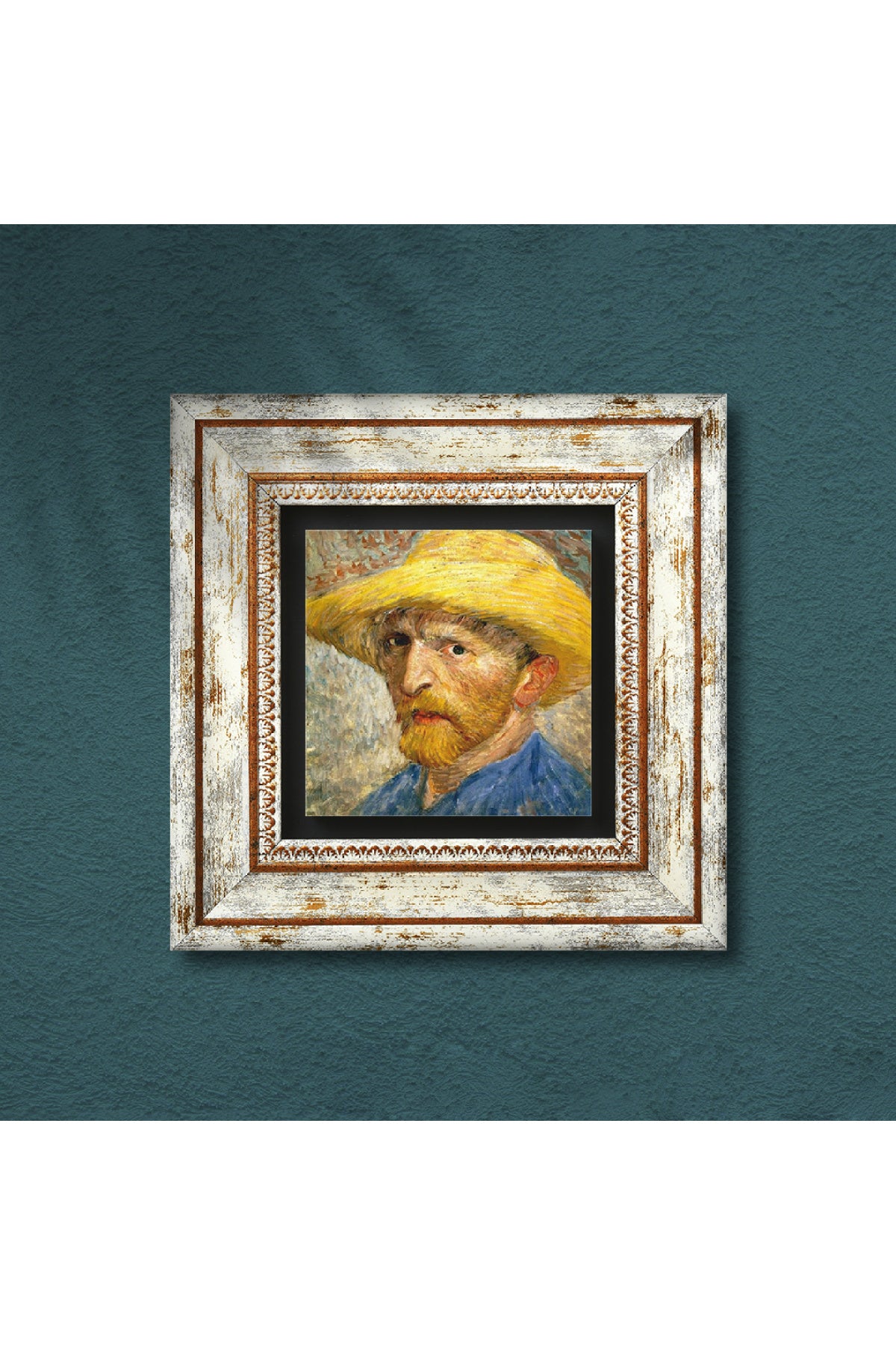 Van Gogh Hasır Şapkalı Otoportre Taş Duvar Tablosu - Çerçeveli Taş Tablo - Dekoratif Duvar Sanatı - Modern Ev ve Ofis Duvar Dekoru TK1-285