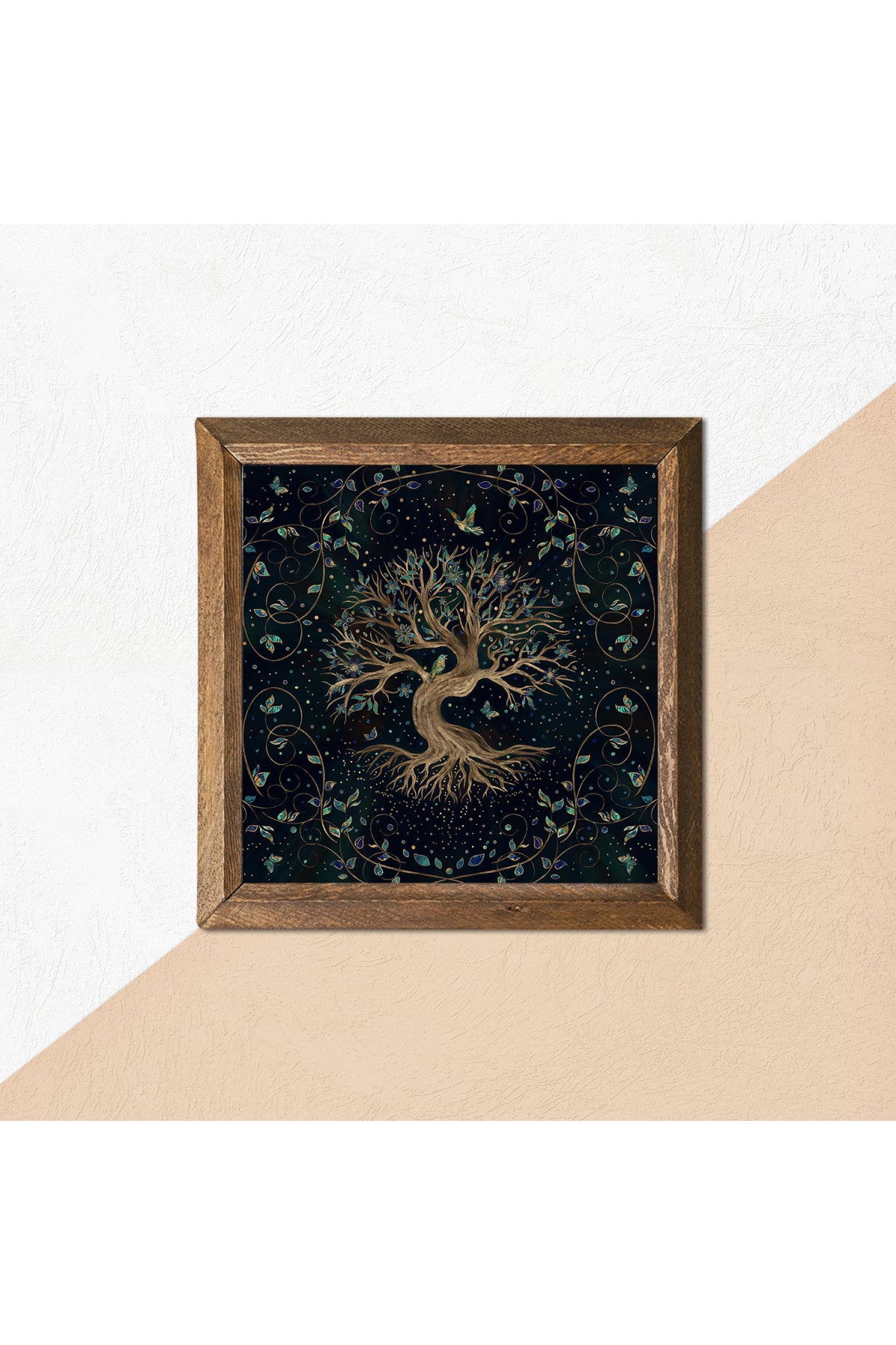 Hayat Ağacı Taş Duvar Tablosu - Ahşap Çerçeveli Taş Tablo - 25x25 cm - Dekoratif Duvar Sanatı - Modern Ev ve Ofis Duvar Dekoru -W1-141