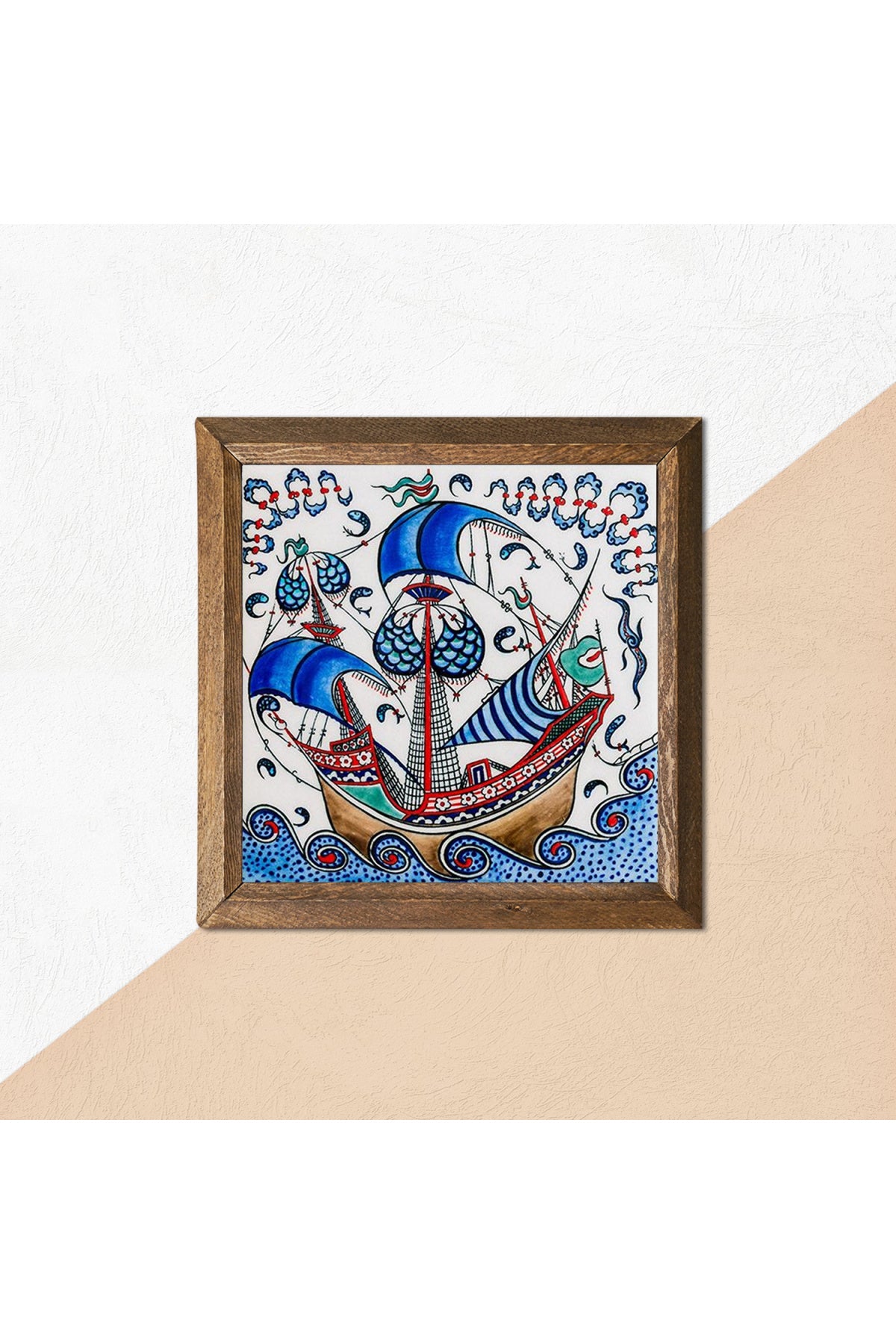 Çini Sanatı Yelkenli Gemi Taş Duvar Tablosu - Ahşap Çerçeveli Taş Tablo - 25x25 cm - Dekoratif Duvar Sanatı - Modern Ev ve Ofis Duvar Dekoru -W1-183