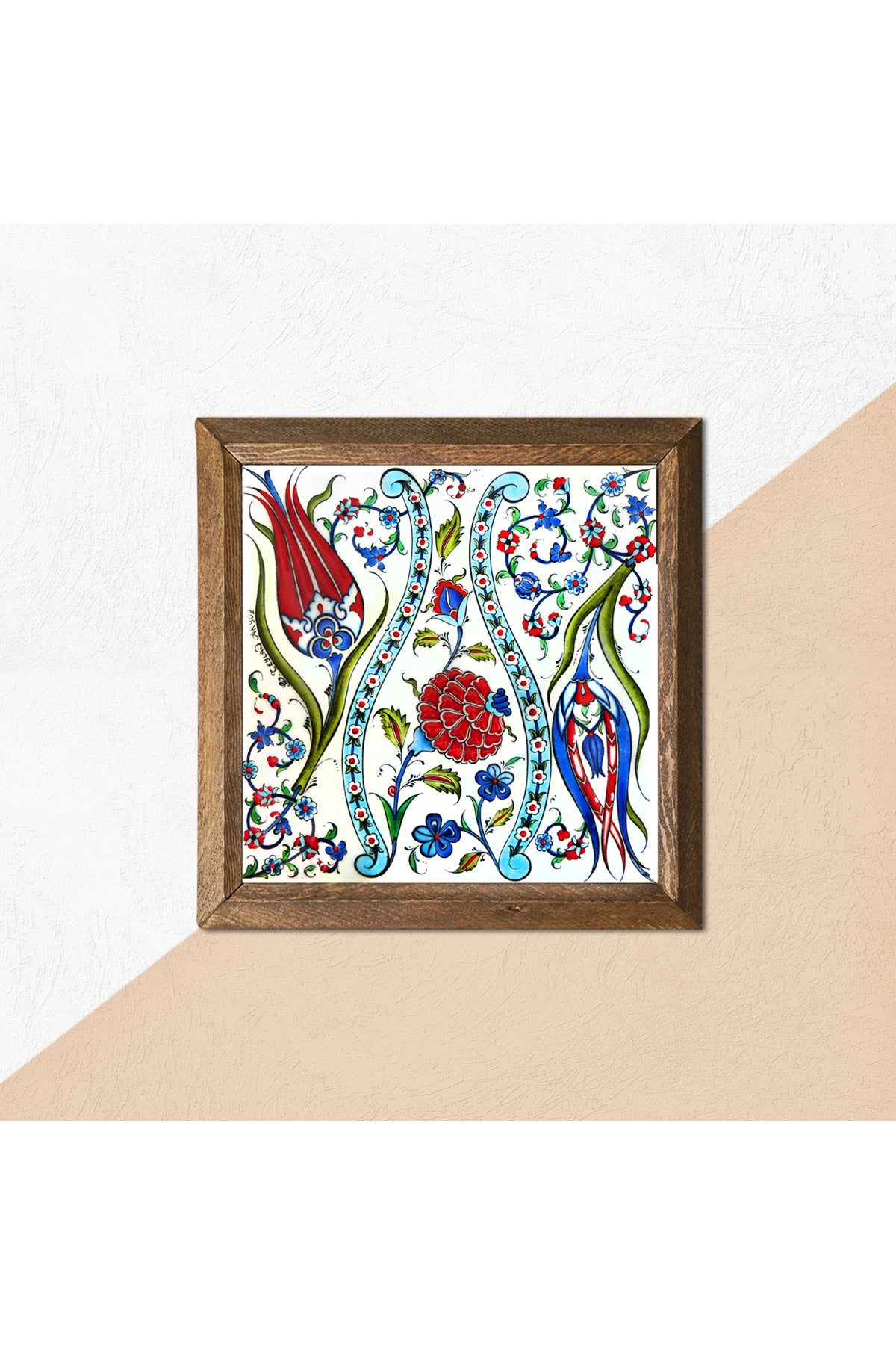 Çini Sanatı Lale Taş Duvar Tablosu - Ahşap Çerçeveli Taş Tablo - 25x25 cm - Dekoratif Duvar Sanatı - Modern Ev ve Ofis Duvar Dekoru -W1-185