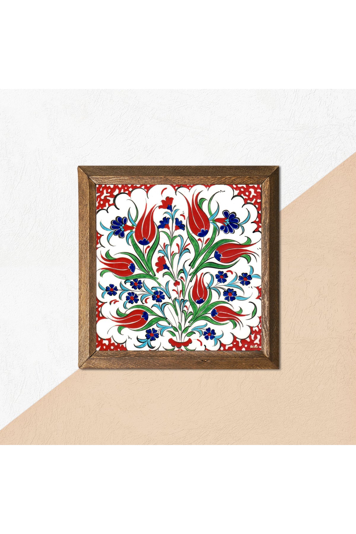 Çini Sanatı Lale Taş Duvar Tablosu - Ahşap Çerçeveli Taş Tablo - 25x25 cm - Dekoratif Duvar Sanatı - Modern Ev ve Ofis Duvar Dekoru -W1-186