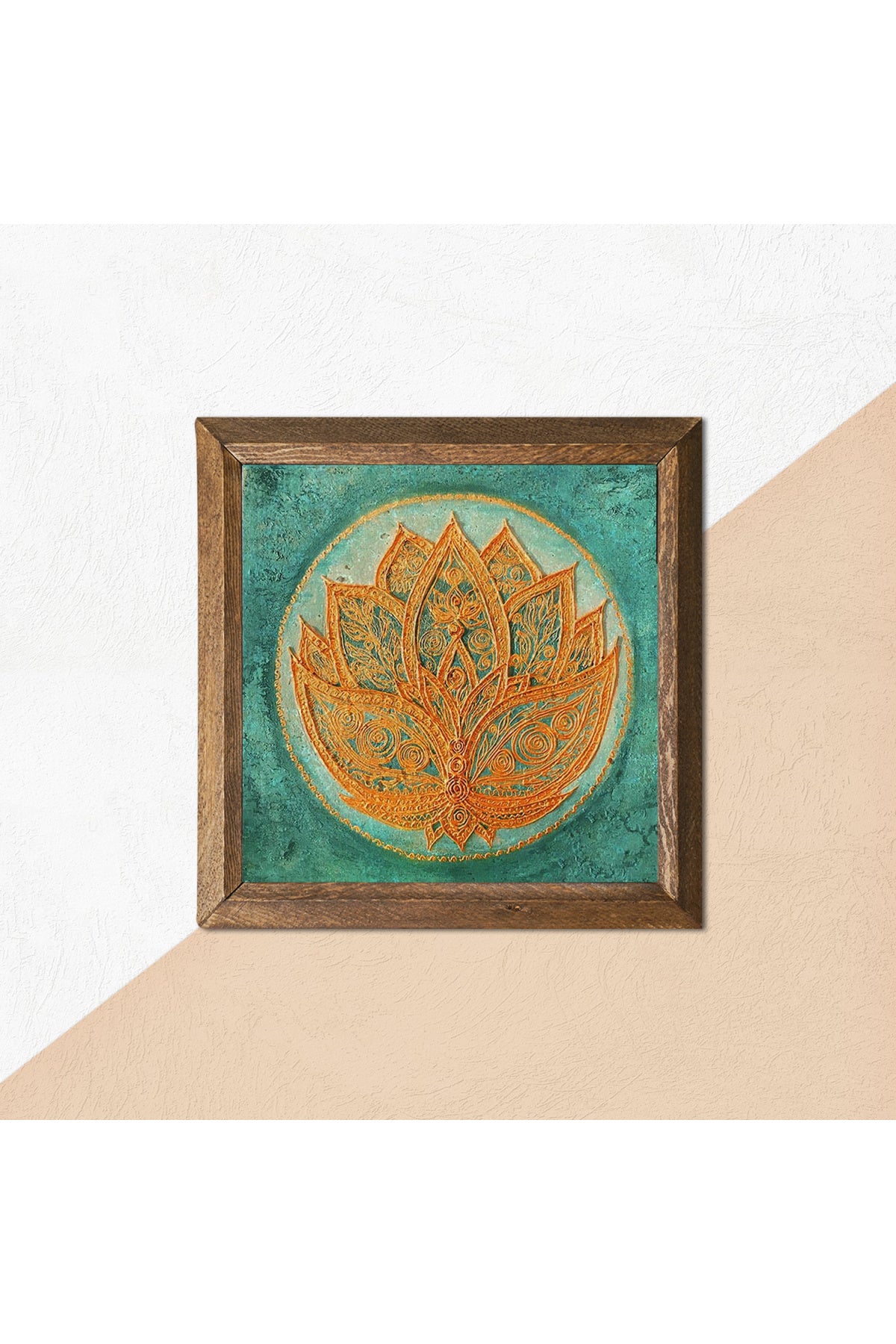 Lotus Çiçeği Taş Duvar Tablosu - Ahşap Çerçeveli Taş Tablo - 25x25 cm - Dekoratif Duvar Sanatı - Modern Ev ve Ofis Duvar Dekoru -W1-189