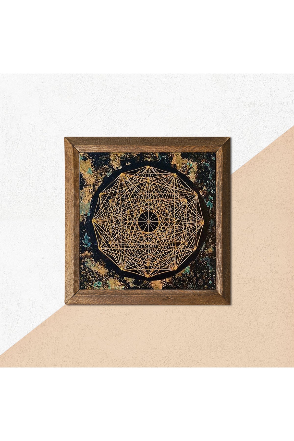 Sri Yantra Taş Duvar Tablosu - Ahşap Çerçeveli Taş Tablo - 25x25 cm - Dekoratif Duvar Sanatı - Modern Ev ve Ofis Duvar Dekoru -W1-191