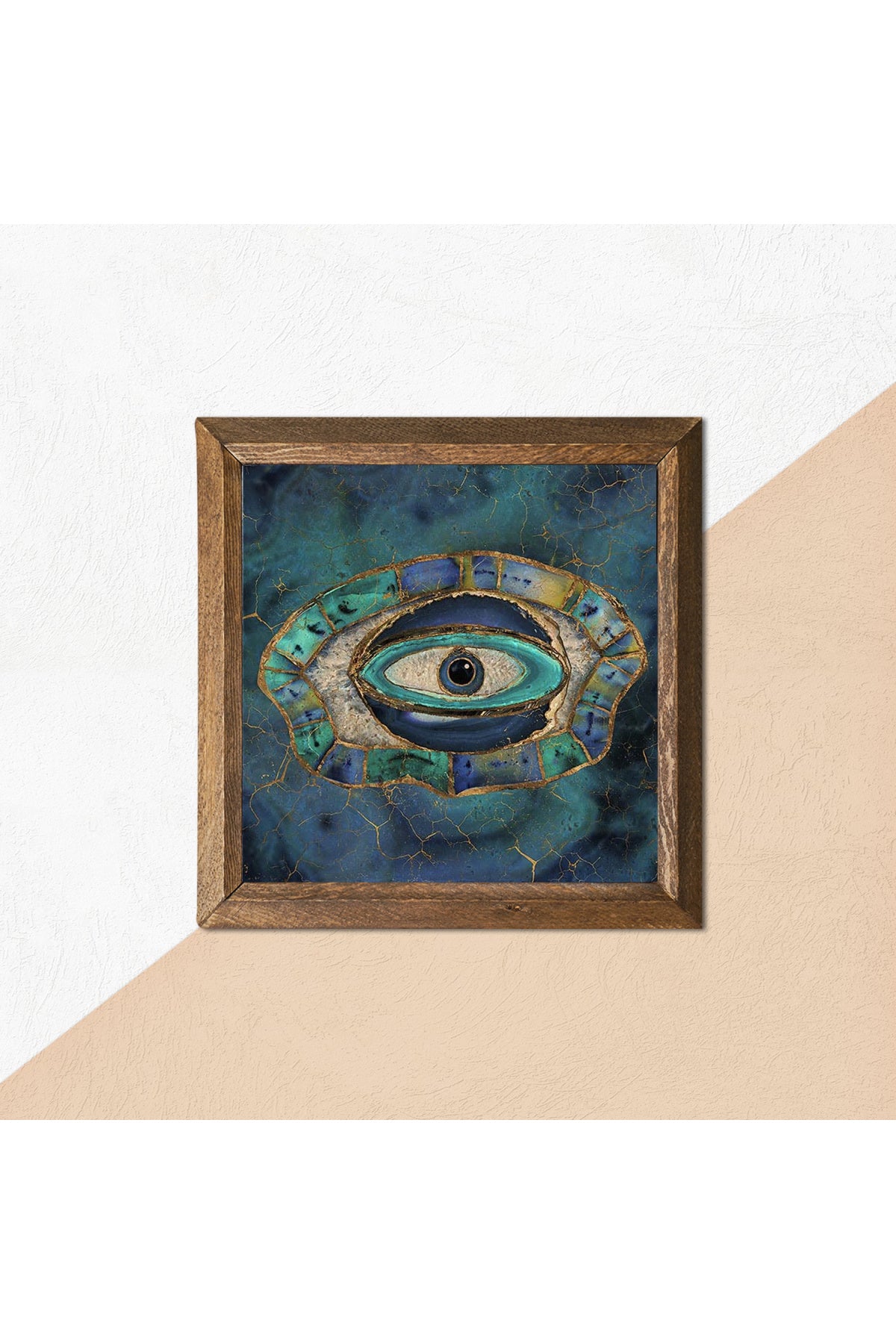 Nazar Göz Taş Duvar Tablosu - Ahşap Çerçeveli Taş Tablo - 25x25 cm - Dekoratif Duvar Sanatı - Modern Ev ve Ofis Duvar Dekoru -W1-200