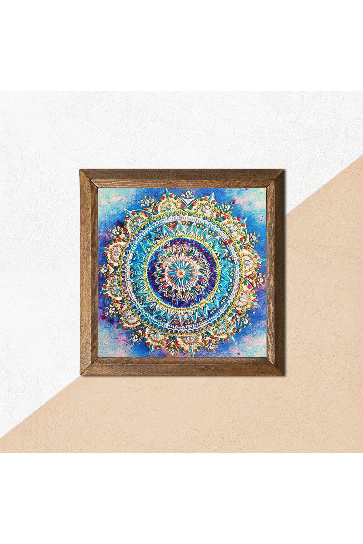 Mandala Taş Duvar Tablosu - Ahşap Çerçeveli Taş Tablo - 25x25 cm - Dekoratif Duvar Sanatı - Modern Ev ve Ofis Duvar Dekoru -W1-229