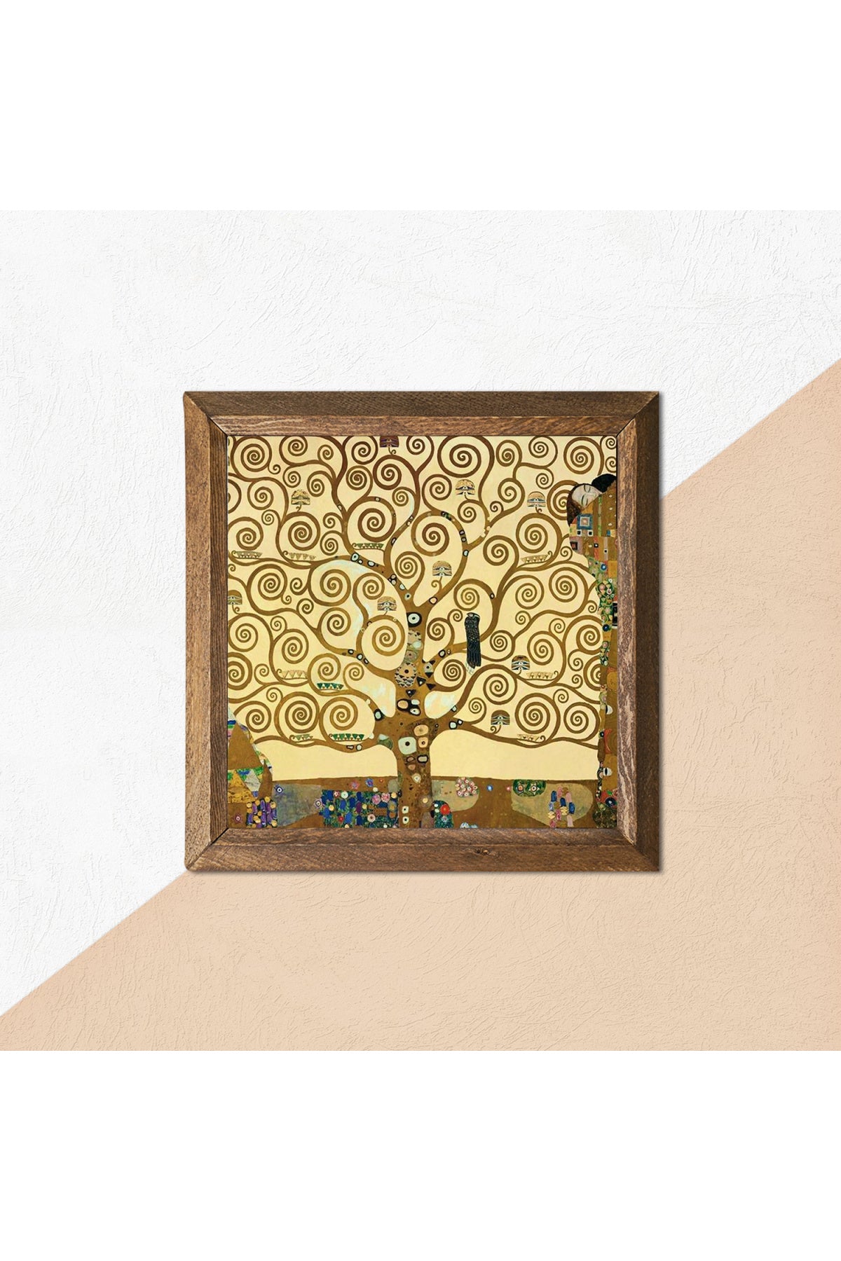 Gustav Klimt Hayat Ağacı Taş Duvar Tablosu - Ahşap Çerçeveli Taş Tablo - 25x25 cm - Dekoratif Duvar Sanatı - Modern Ev ve Ofis Duvar Dekoru -W1-24