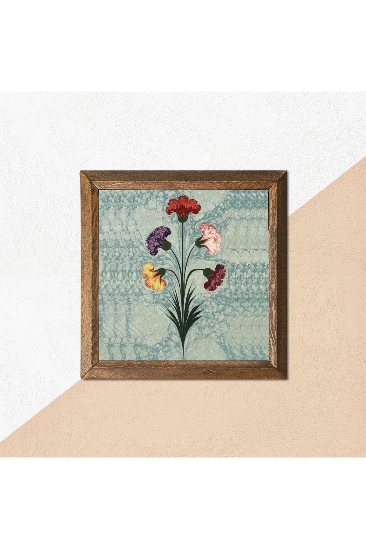 Ebru Sanatı Taş Duvar Tablosu - Ahşap Çerçeveli Taş Tablo - 25x25 cm - Dekoratif Duvar Sanatı - Modern Ev ve Ofis Duvar Dekoru -W1-243