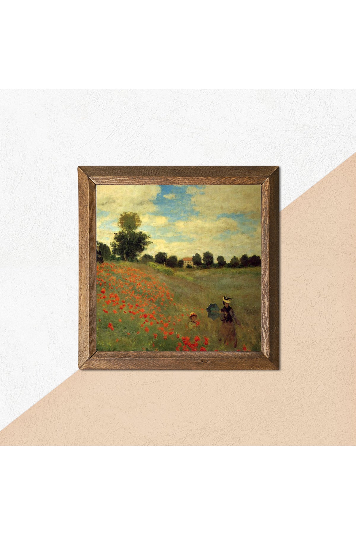 Claude Monet Gelincikler Taş Duvar Tablosu - Ahşap Çerçeveli Taş Tablo - 25x25 cm - Dekoratif Duvar Sanatı - Modern Ev ve Ofis Duvar Dekoru -W1-247