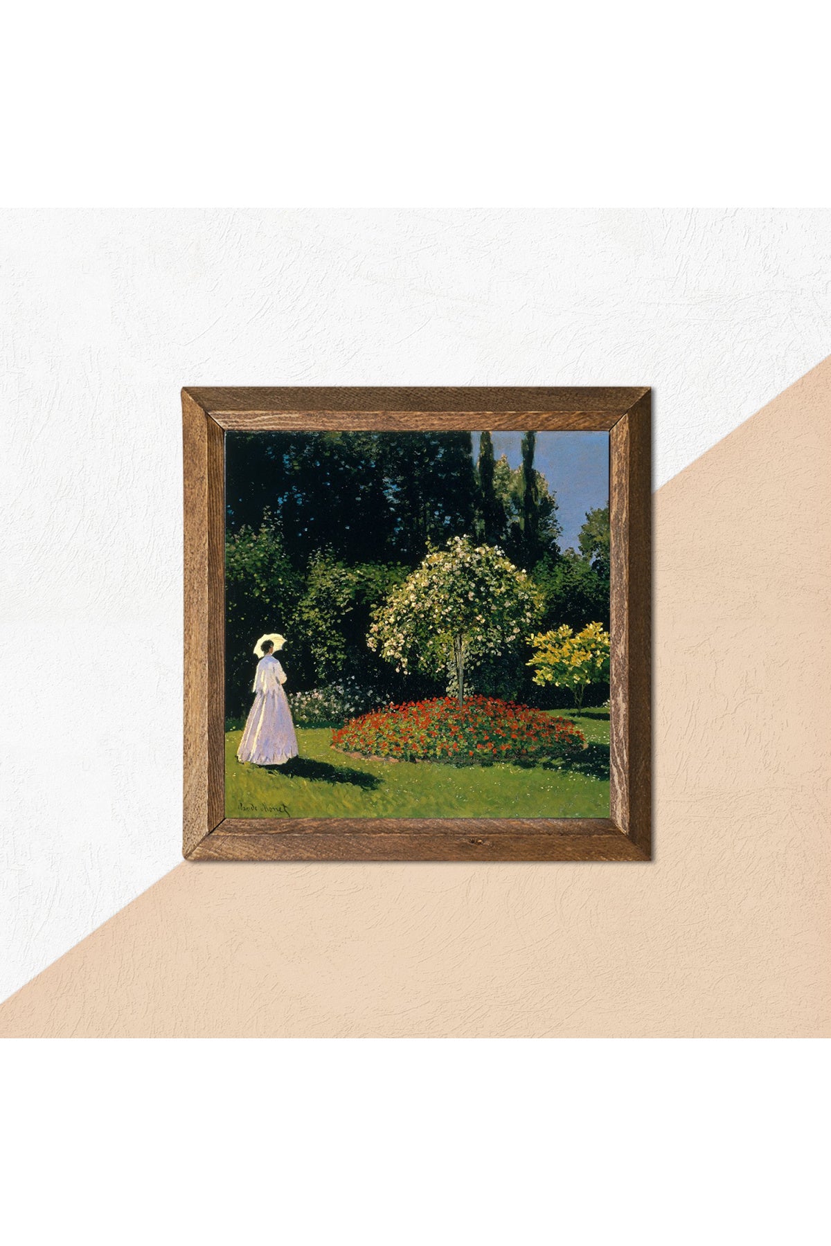 Claude Monet Bahçedeki Kadın Taş Duvar Tablosu - Ahşap Çerçeveli Taş Tablo - 25x25 cm - Dekoratif Duvar Sanatı, Modern Ev ve Ofis Duvar Dekoru -W1-249