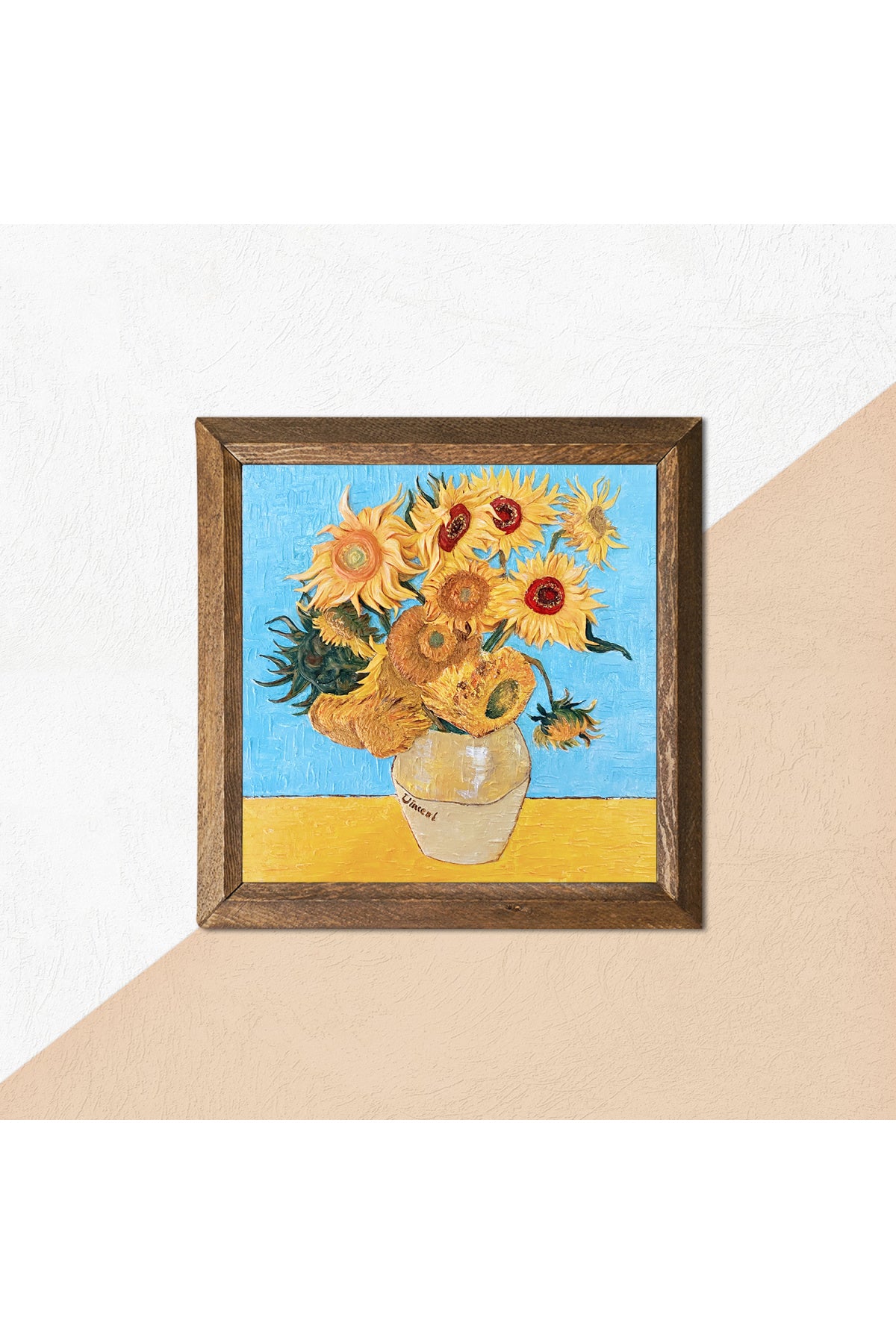 Vincent van Gogh On İki Ayçiçekli Vazo Taş Duvar Tablosu - Ahşap Çerçeveli Taş Tablo - 25x25 cm - Dekoratif Duvar Sanatı - Modern Ev ve Ofis Duvar Dekoru -W1-276