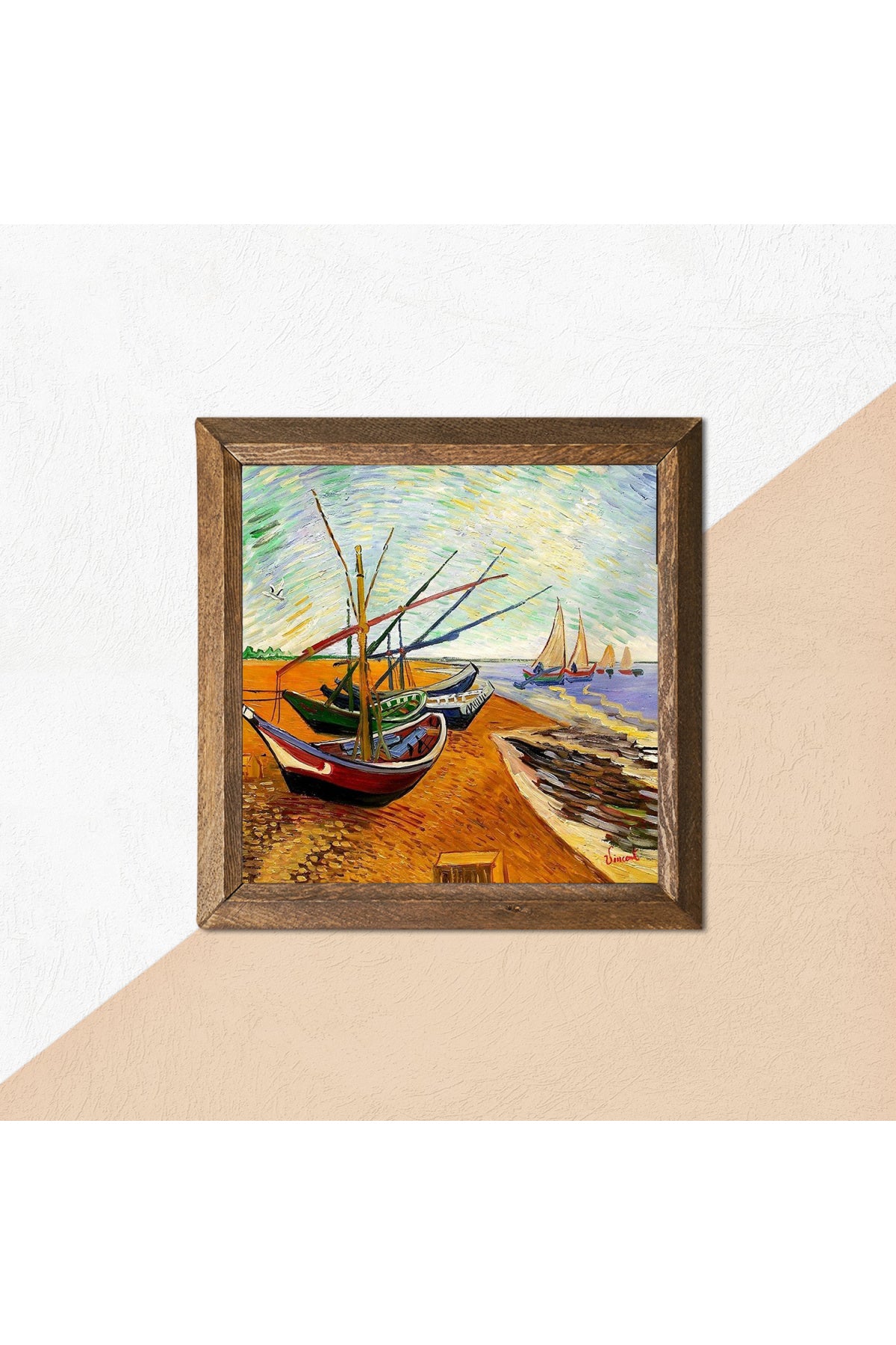 Vincent van Gogh Balıkçı Tekneleri Taş Duvar Tablosu - Ahşap Çerçeveli Taş Tablo - 25x25 cm - Dekoratif Duvar Sanatı - Modern Ev ve Ofis Duvar Dekoru -W1-277