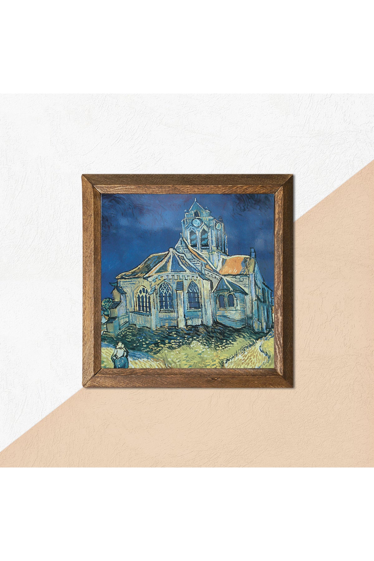 Vincent van Gogh Auvers'deki Kilise Taş Duvar Tablosu - Ahşap Çerçeveli Taş Tablo - 25x25 cm - Dekoratif Duvar Sanatı - Modern Ev ve Ofis Duvar Dekoru -W1-289