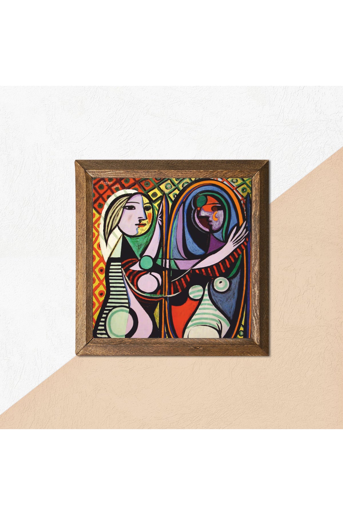 Pablo Picasso Ayna Karşısındaki Kız Taş Duvar Tablosu - Ahşap Çerçeveli Taş Tablo - 25x25 cm - Dekoratif Duvar Sanatı - Modern Ev ve Ofis Duvar Dekoru -W1-301