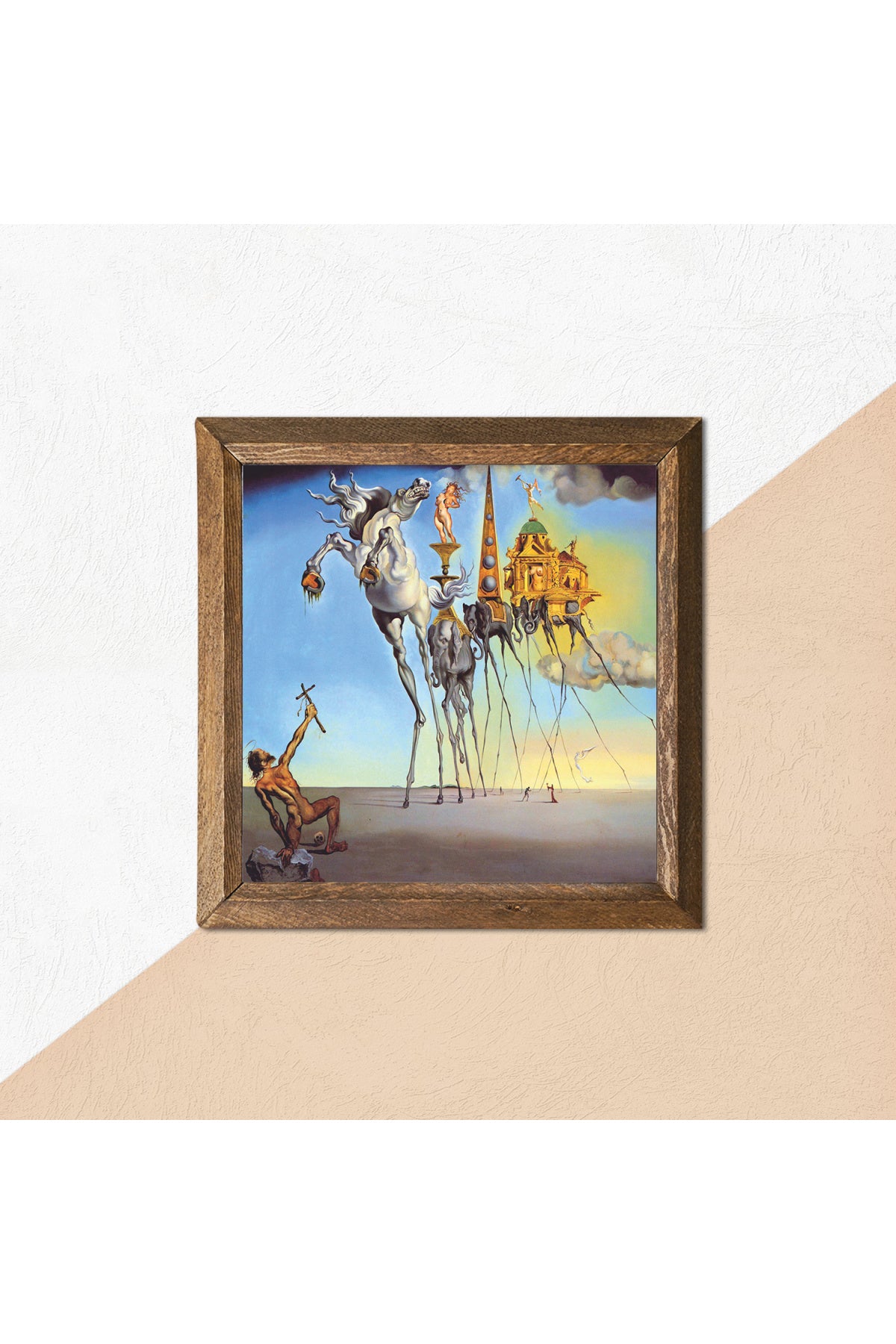 Salvador Dalí Aziz Antonius'un Baştan Çıkarılışı Taş Duvar Tablosu - Ahşap Çerçeveli Taş Tablo - 25x25 cm - Dekoratif Duvar Sanatı - Modern Ev ve Ofis Duvar Dekoru -W1-306